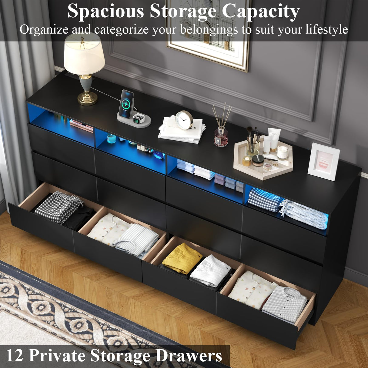 Loomie 12 Drawer Black Dresser with Charging Station & Led Lights for Bedroom, Long 63" Quadruple Wide Dresser TV Stand for TVs up to 75", Large Dressers Organizer with 4 Open Cubbies for Living Room Loomie