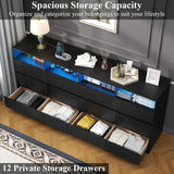 Loomie 12 Drawer Black Dresser with Charging Station & Led Lights for Bedroom, Long 63" Quadruple Wide Dresser TV Stand for TVs up to 75", Large Dressers Organizer with 4 Open Cubbies for Living Room Loomie
