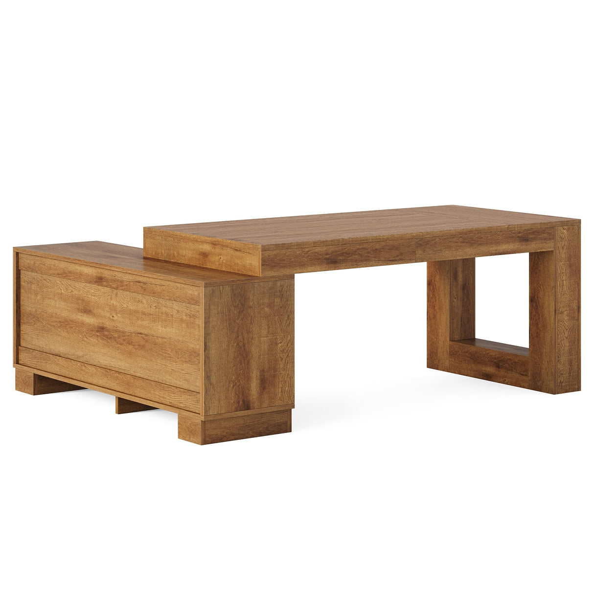 LITTLE TREE 63" L Shaped Executive Desk with Storage, Farmhouse Home Office Desk with 2-Tier Cabinets and Shelves, Large Wooden Computer Table Business Furniture Workstation Set, Brown LITTLE TREE