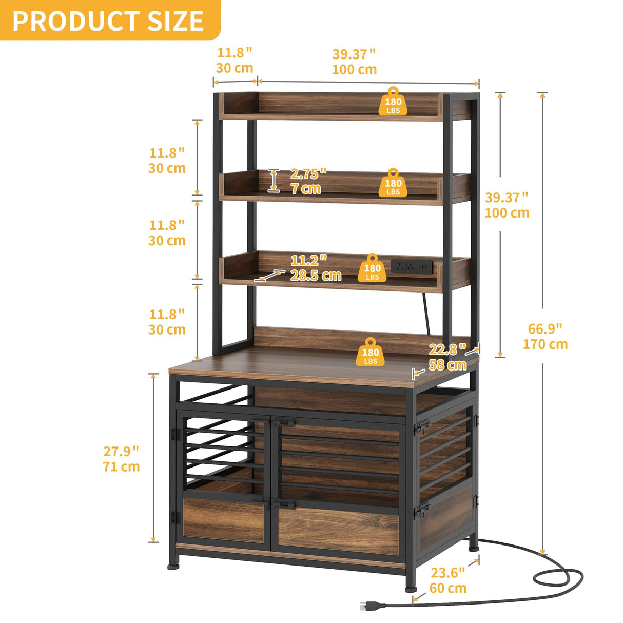 DWVO Dog Crate Furniture with Storage Shelves, Heavy Duty Dog Crate with Charging Station, 39 Inch Dog Kennel Indoor Furniture for Large Dogs, Modern Decorative Dog Crate with Double Doors, Brown DWVO
