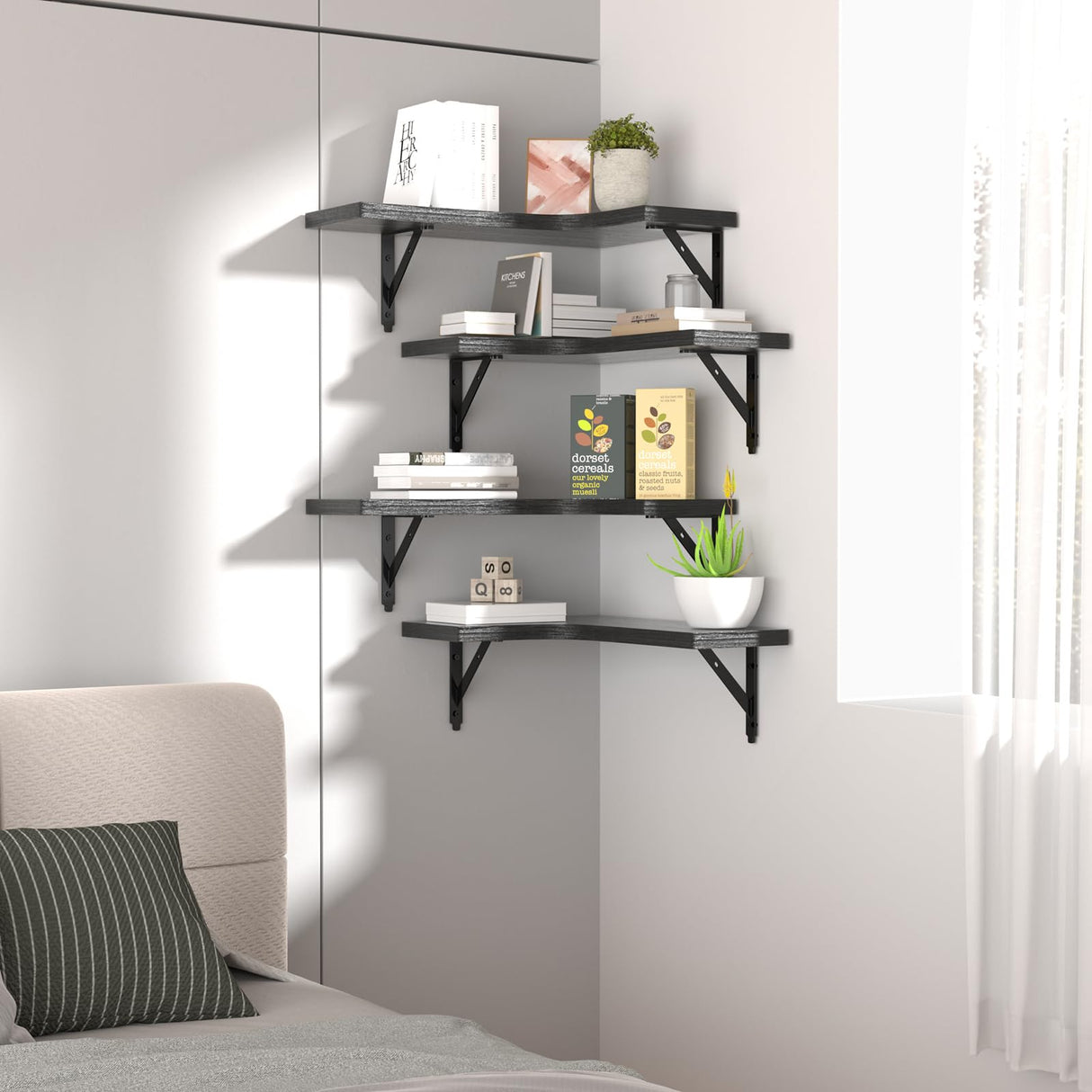 ROMGUAR CRAFT Corner Floating Shelves Wall Mounted Set of 4, Rustic Wood Storage Display Wall Shelves for Home Decor, Bathroom, Kitchen, Bedroom, Living Room, Office (Black) ROMGUAR CRAFT