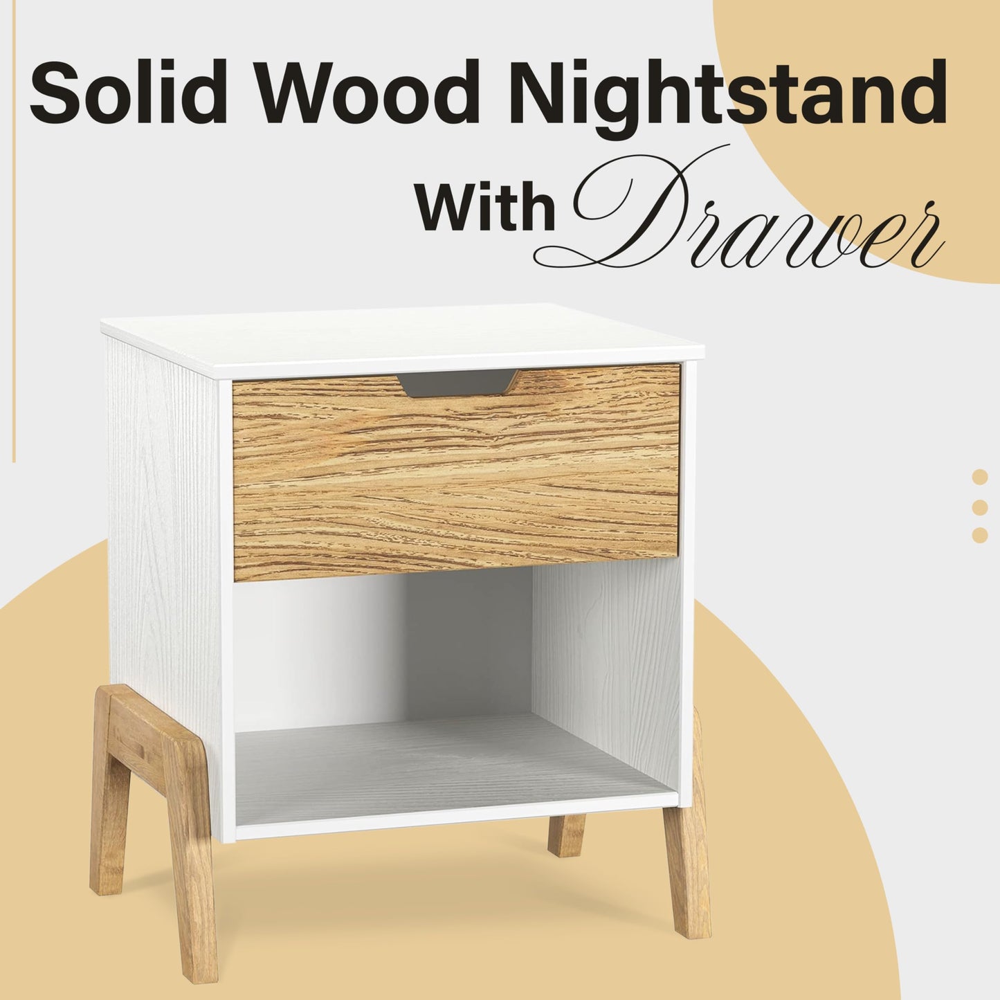 Solid Wood nightstand with 1 Drawer, Bedside Table, Dresser - Home Wood Furniture