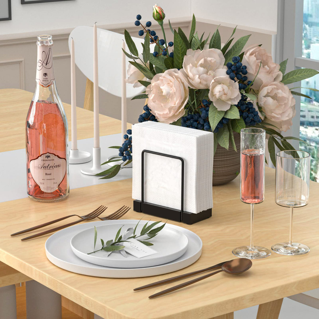 Wican Napkin Holder for Table, Bamboo Iron Standing Napkin Dispenser for Kitchen Dining Farmhouse Cocktail Picnic Bar Rustic Wood Holders for Paper Mail Bills Suitable for All Dining Room Decors Black Wican