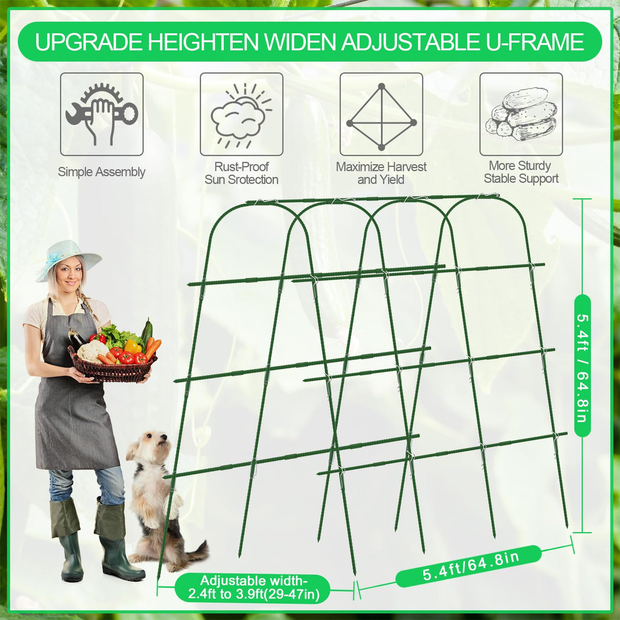 65"×65" Upgrade Heightened Cucumber Trellis for Raised Bed,U-Shape Garden Trellis for Climbing Plants Outdoor,Adjustable Metal Arch Vegetables Trellis with Climbing Net for Tomato,Bean,Grape,Zucchini WLLEYAY