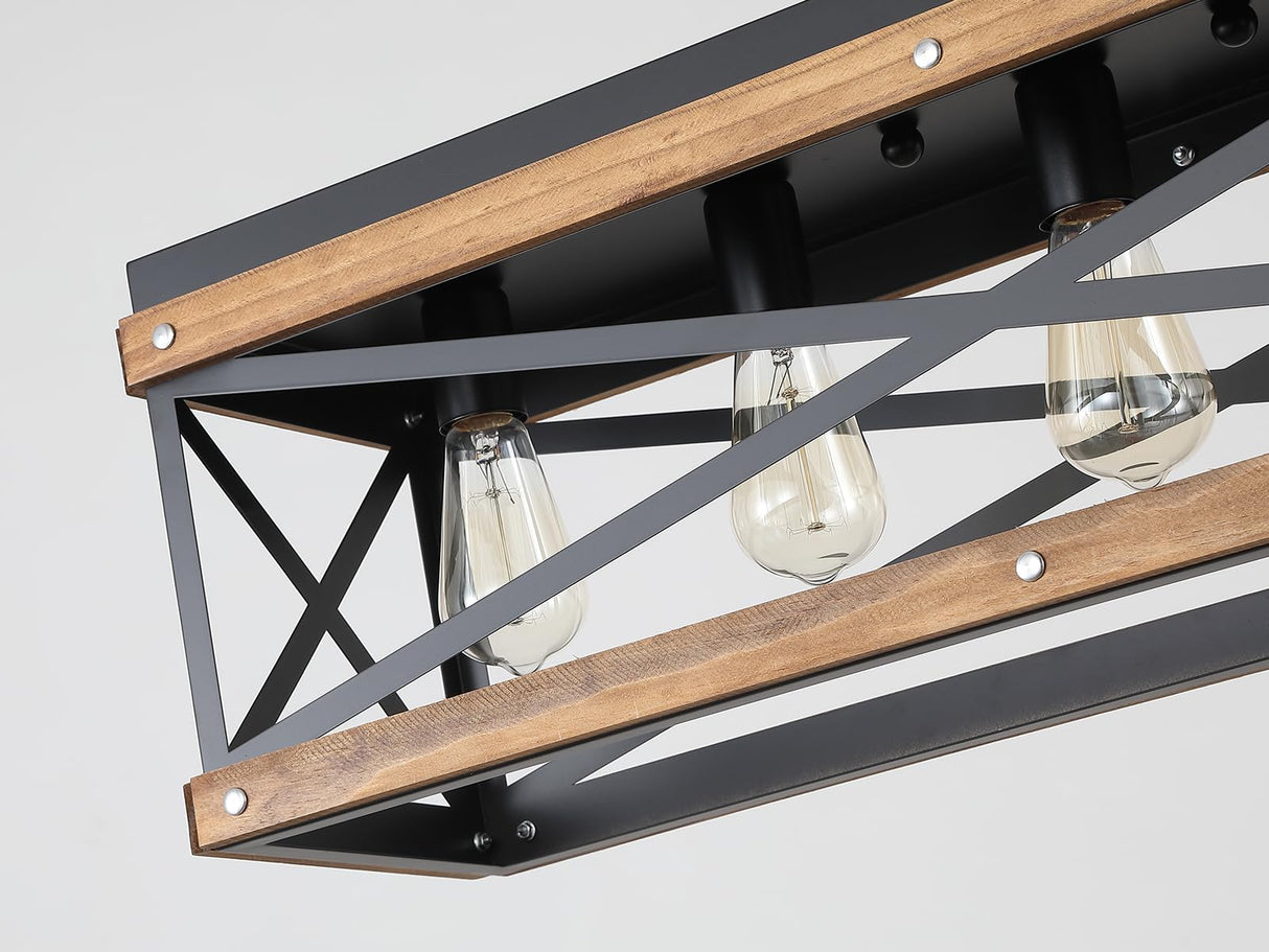 Rustic Farmhouse Wood Kitchen Island Lighting, 5 Lights Rectangular Pendant Light Fixture, Adjustable Chain Oak Wood and Metal Linear Chandelier for Dining Room Kitchen Island Farmhouse, Black RKUCSR