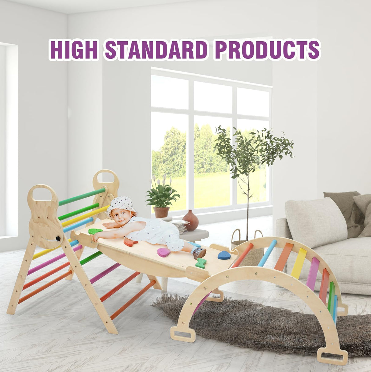 7in1 Rainbow Pikler Triangle Set Foldable Montessori Climber, Wooden Climbing Toys with Sliding Ramp&Arch Rocker for Kids,Climbing Indoor Playground Set for Toddlers Volscity