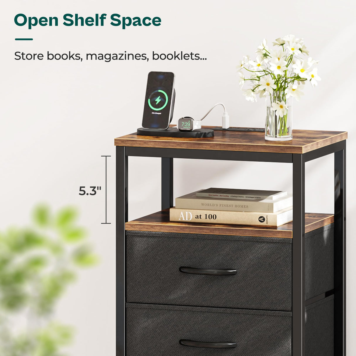 Huuger Nightstands Set of 2, 27.6 Inch End Tables with Charging Station, Fabric Drawers, Bedside Tables with USB-C Port and Outlet, Night Stands for Bedroom, Rustic Brown and Black Huuger