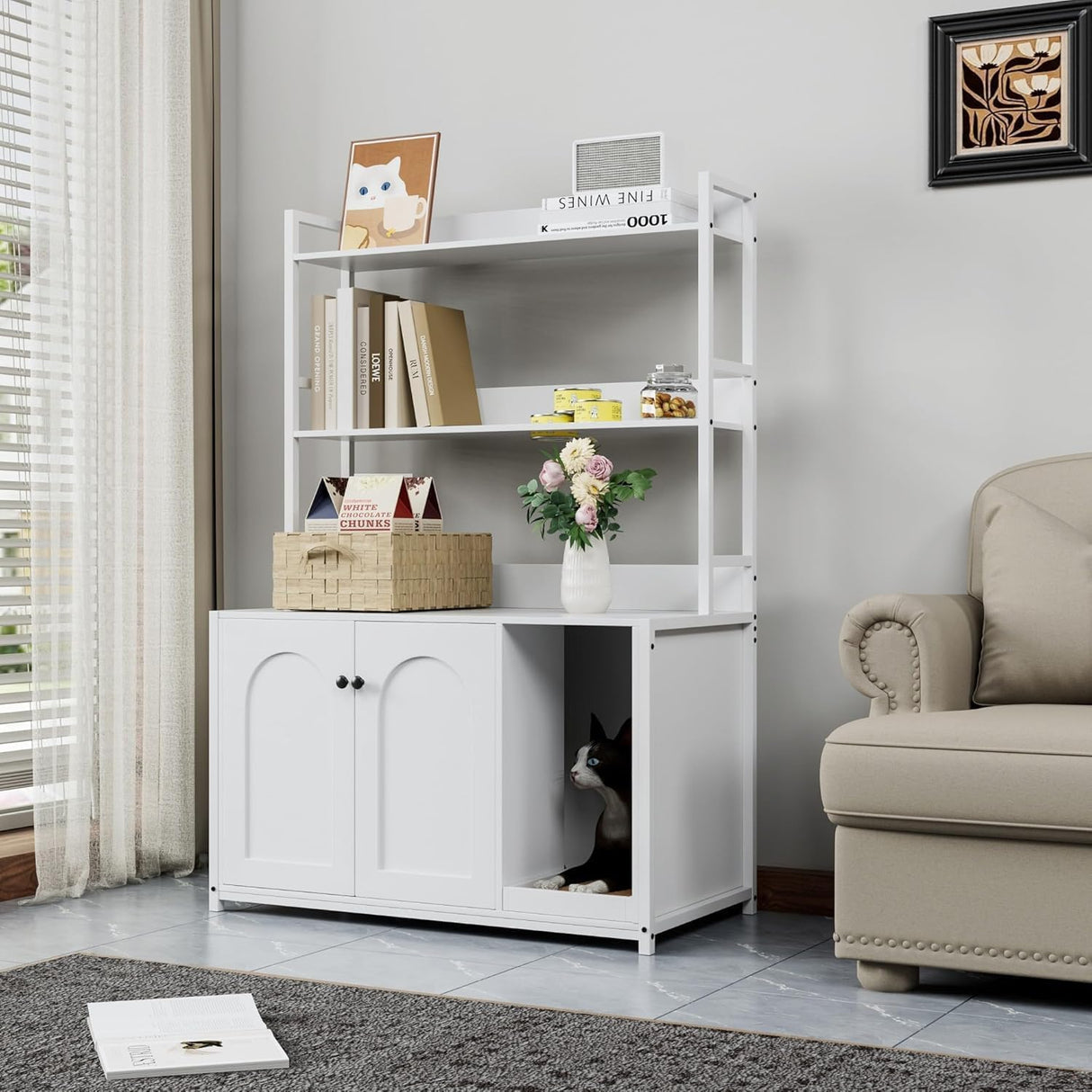 Large Cat Litter Box Enclosure Furniture, Hidden Litter Box Cabinet with 2 Storage Shelves, Indoor Cat House Washroom with Scratch Pad, Farmhouse Style Wooden Pet House Side End Table Doppeltcharms