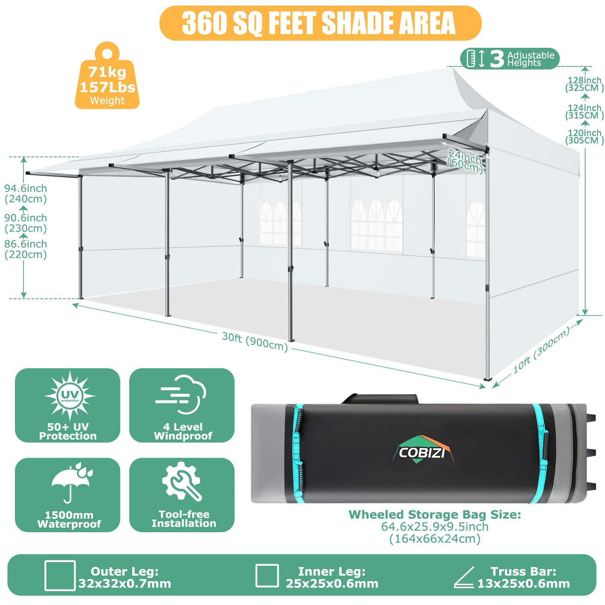 COBIZI 10x30 Pop Up Canopy Tent with Awning,Heavy Duty Canopy UPF 50+ All Season Wind Waterproof Commercial Outdoor Street Vendors Party Tents for Parties Canopy with Roller Bag(10 x 30 ft White) COBIZI