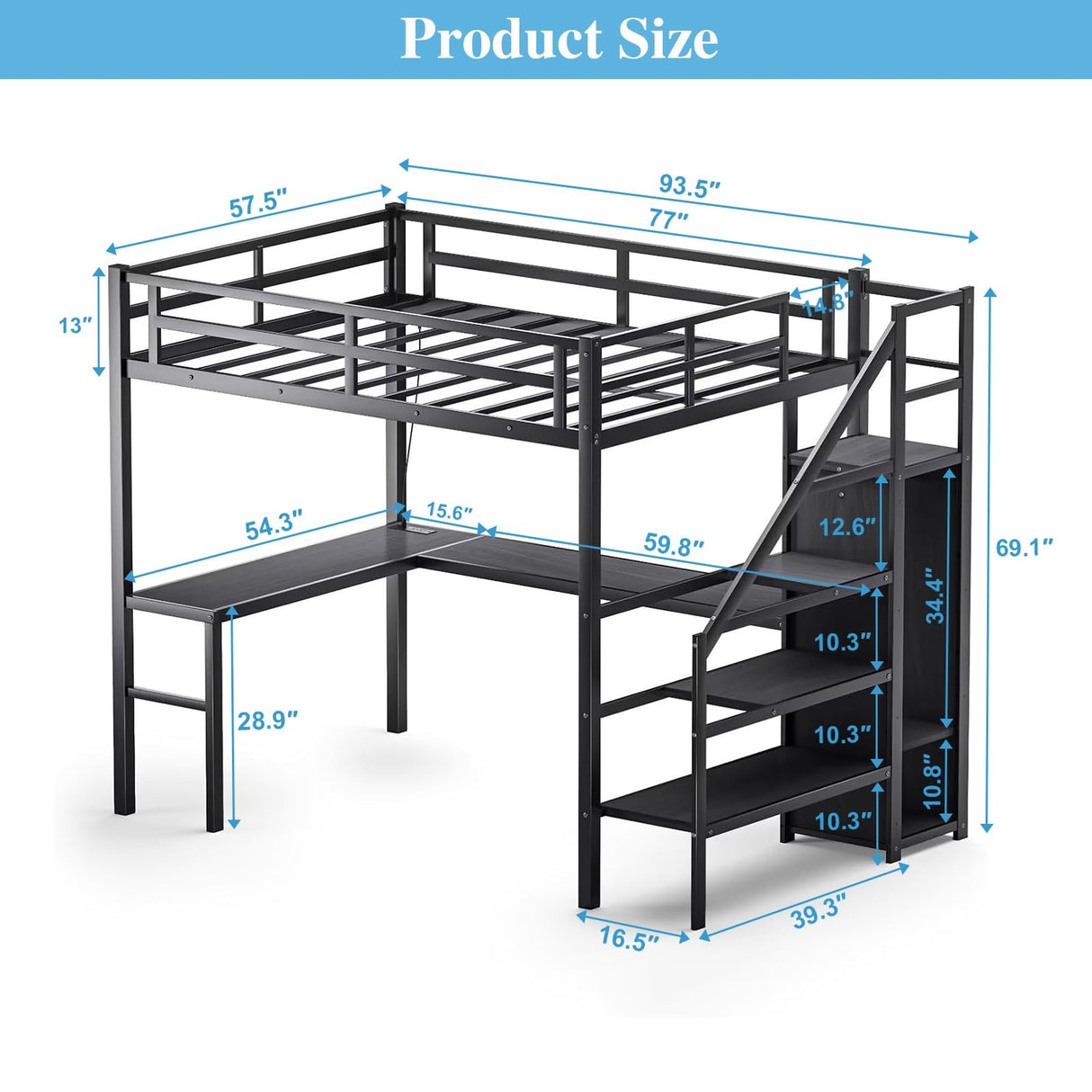 Full Size Loft Bed with Desk and Wardrobe, Metal Heavy Duty Loft Bed with Storage Stairs, LED Lights, USB Port, Full Loft Bed Frames for Kids, Junior, Adults, Space Saving, Noise Free (Black, Full) XUWANSHANG