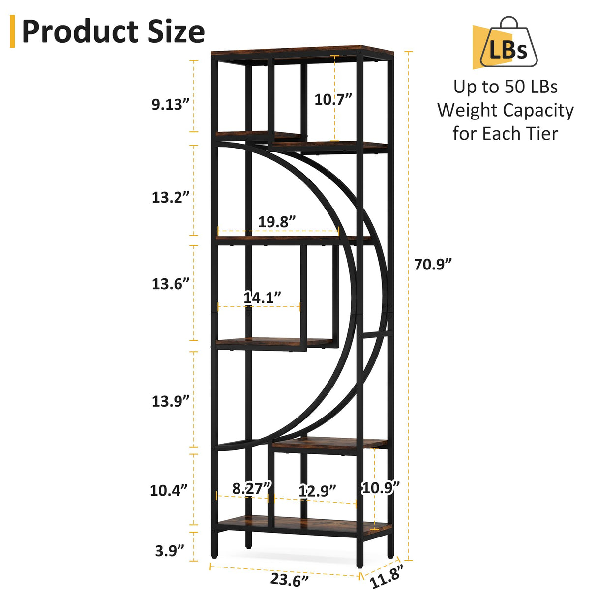 Celaform Geometric Bookshelf, 70.9" Tall Bookcase with 7-Shelf Open Shelves, Wood Metal Book Shelf Display Rack Storage Shelving Unit for Office, Bedroom, Living Room, Easy Assembly, Rustic Brown Celaform