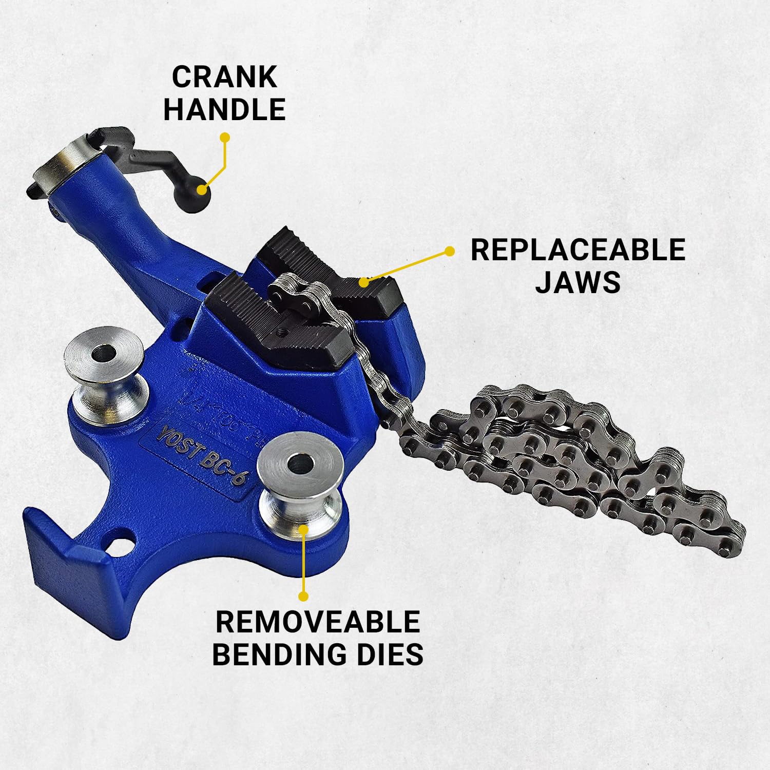 Yost Vises BC-6 Bench Chain Vise | 1/4 Inch to 6 Inch Pipe Clamp Capacity | Work Bench Vise | Heavy Duty Cast Iron Body and Durable Leg Chain | Blue - WoodArtSupply