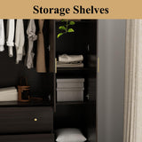 WOODTIME 4-Door Armoire Wardrobe Closet with Mirror, 63" L Modern Wooden Bedroom Armoire with 2 Drawers, 2 Hanging Bars & 7 Shelves, Black Brown WOODTIME