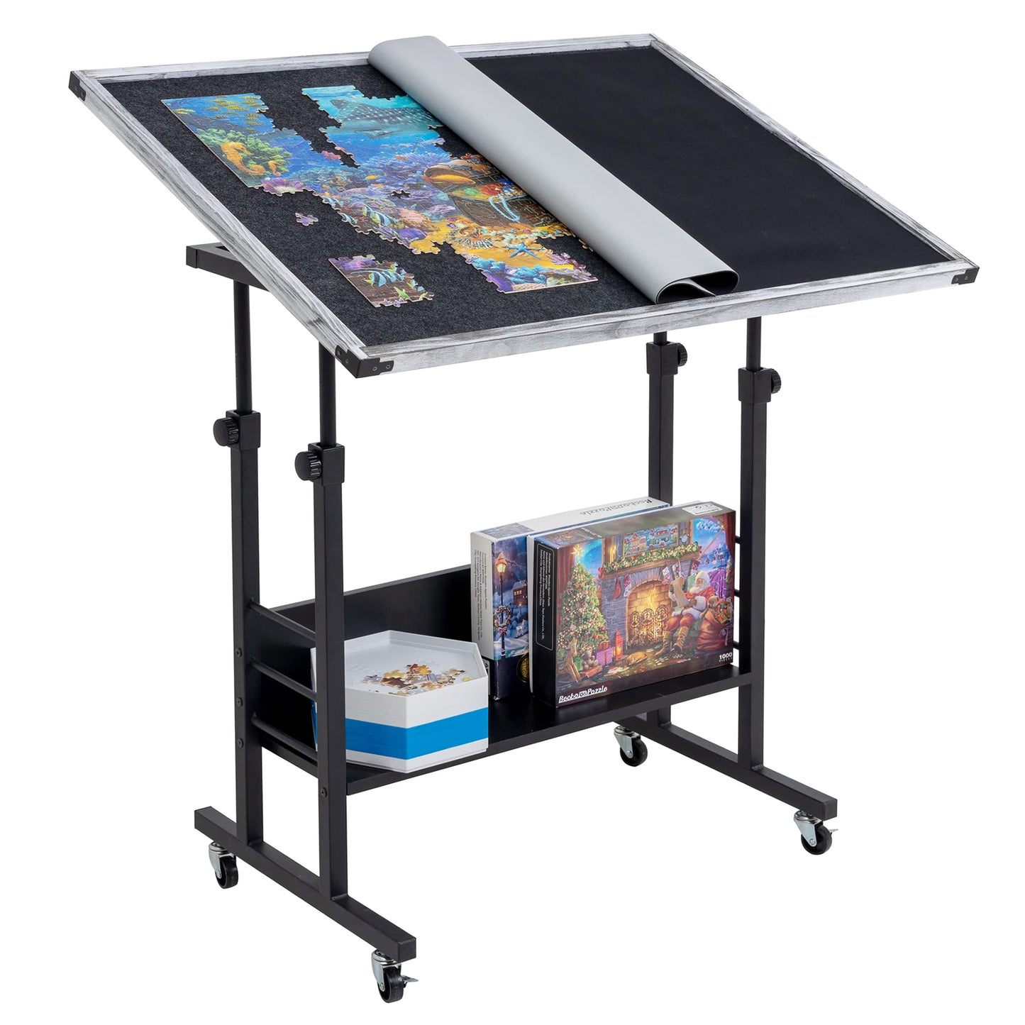 Becko US 1500 Piece Jigsaw Puzzle Table with Legs, Adjustable & Stand Up Puzzle Tables, with 5 Tilting Angle & Height Adjustment, Wood Jigsaw Puzzle Board with Cover Mat, Enclosed with 4 Whee - WoodArtSupply