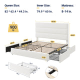 Allewie Modern Queen Size Platform Bed Frame with 4 Storage Drawers and Velvet Upholstered Headboard, Wooden Slats Support, Upholstered Mattress Foundation/No Box Spring Needed/Easy Assembly, White Allewie
