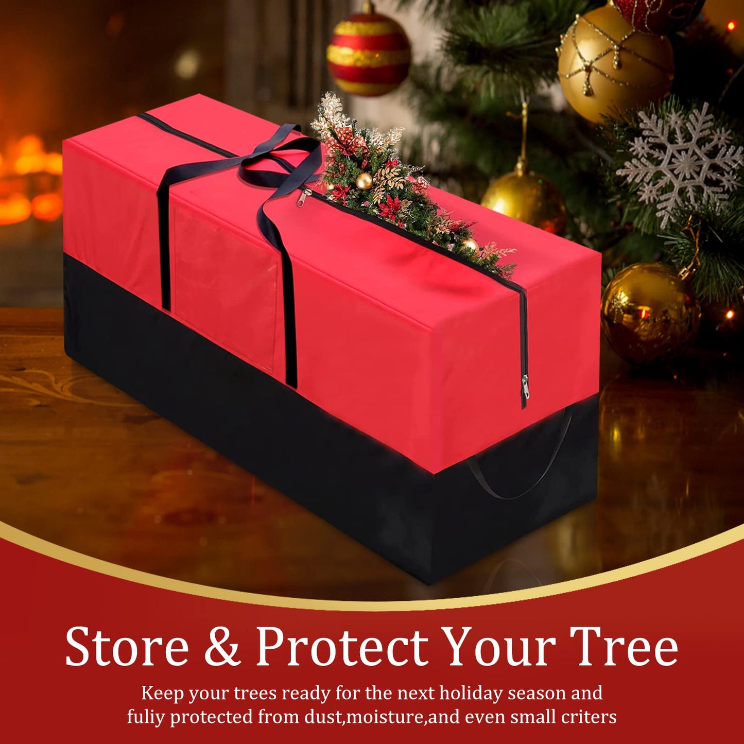 Christmas Tree Storage Bag, Fits Up 10 Ft Tall Artificial Trees-Heavy Duty Holiday Storage Box with Durable Reinforced Handles & Zipper & Transparent Pocket- 600D Oxford Tree Storage Container, Red