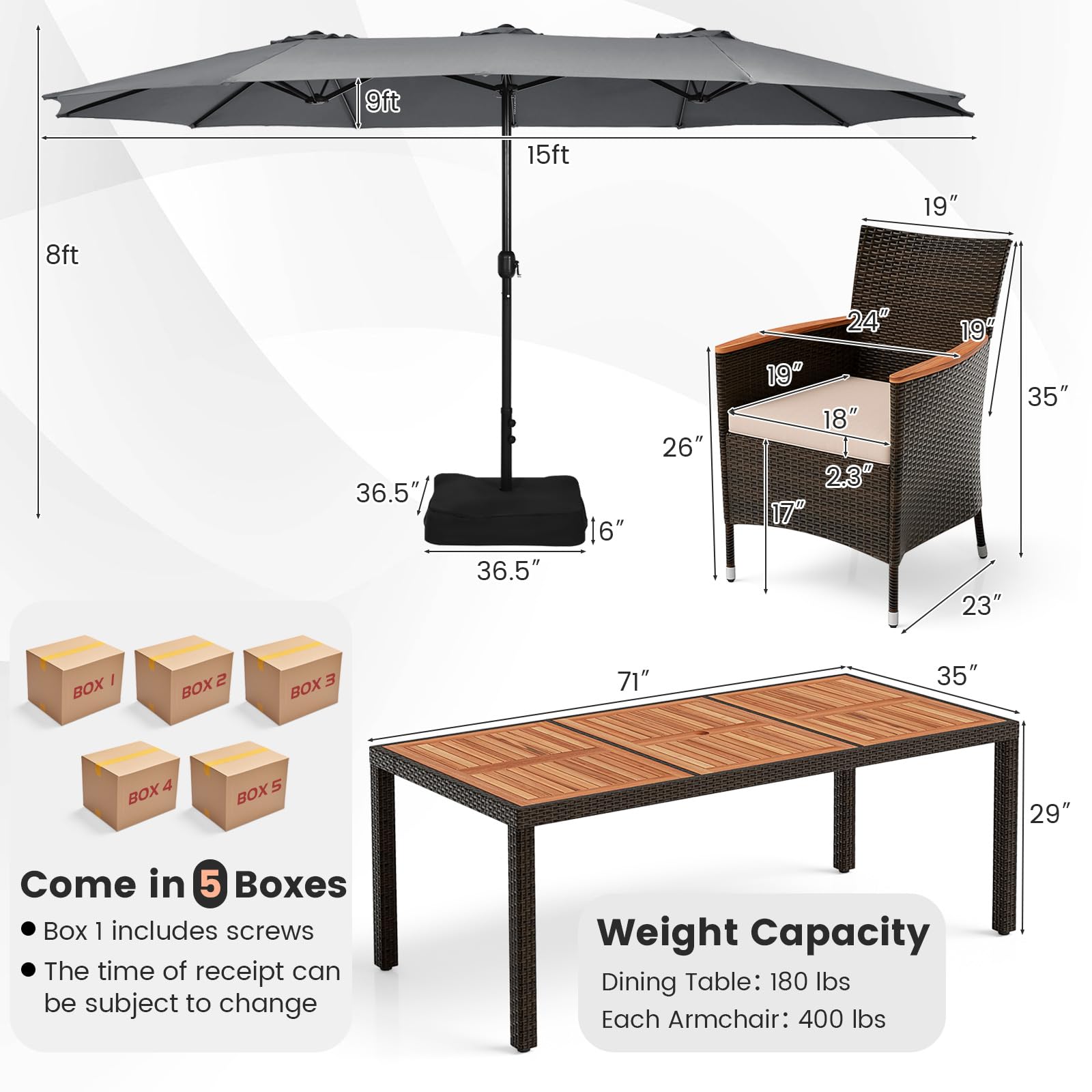 Tangkula 10 Piece Patio Rattan Dining Set with 15Ft Double-Sided Umbrella, Outdoor Heavy Duty Acacia Wood Table and Stackable Wicker Chairs Set, Umbrella with Weighted Base (Grey) - WoodArtSupply