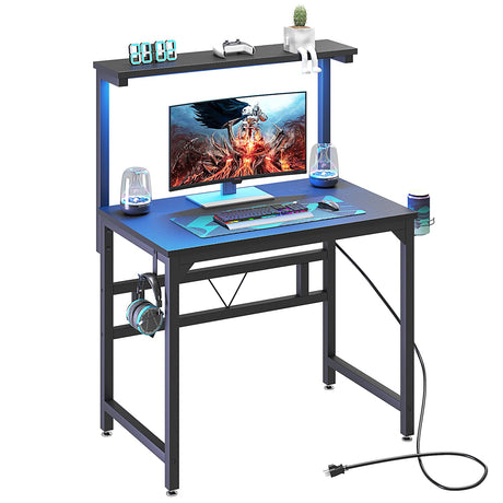 TREETALK Gaming Desk with Power Outlets & LED Strip Lights,80CM Industrial Writing Desk with Adjustable Monitor Stand, Cupholder and Headphone Hook for Home Office Black TREETALK