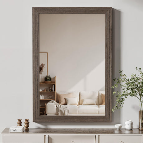 Bathroom Mirror for Wall with Wooden Frame, 36"x24" Rustic Farmhouse Vanity Mirror with Solid Wood Frame, Rectangular Wall-Mounted Mirror for Bathroom, Living Room, or Entryway TRAHOME