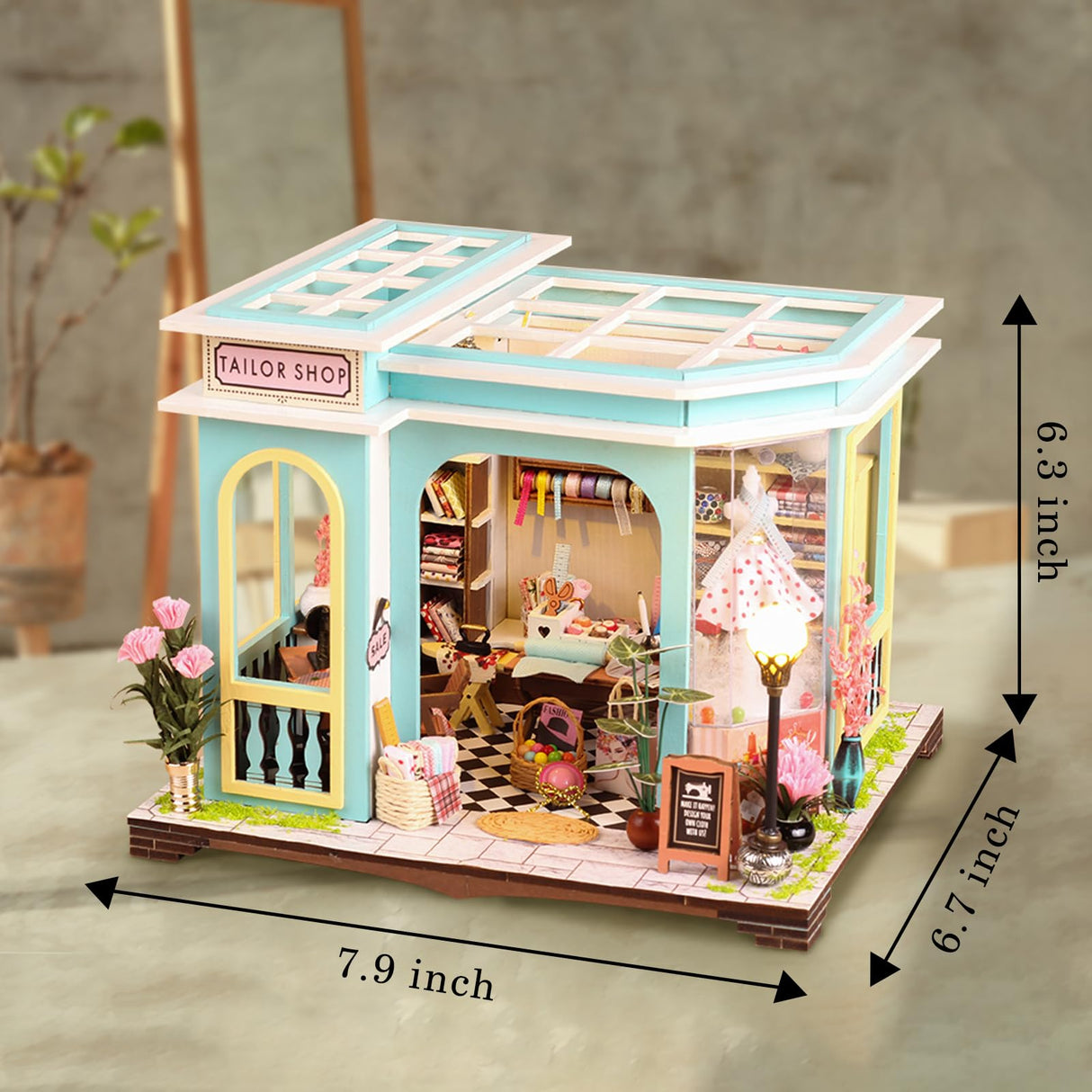 DIY Miniature House Kit,Tailor Shop Dollhouse Miniature Kit with LED & Furniture,Mini Diorama House Building Kit for Adults,3D Wooden Craft Tiny House Mini Model Kit,Home Decor Family Birthday Gifts FLYNOVA