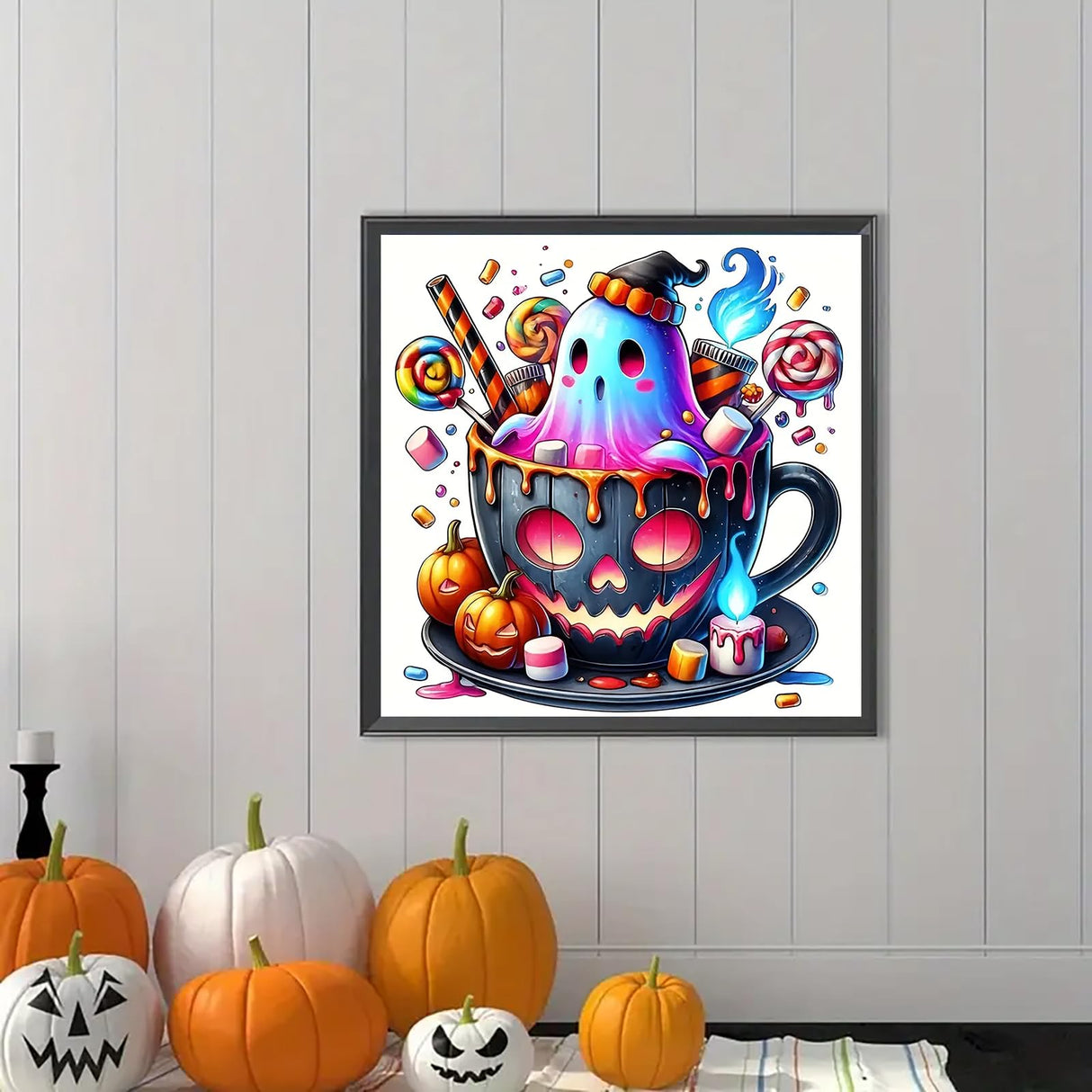 Ghost Pumpkin Cup Diamond Art Kits for Adults, 5D Halloween Diamond Painting Kits for Adults Beginners, DIY Full Round Drill Diamond Dot Painting Gem Art Kits for Adult, Home Wall Decor 13.8x13.8 Inch VCLKDIY