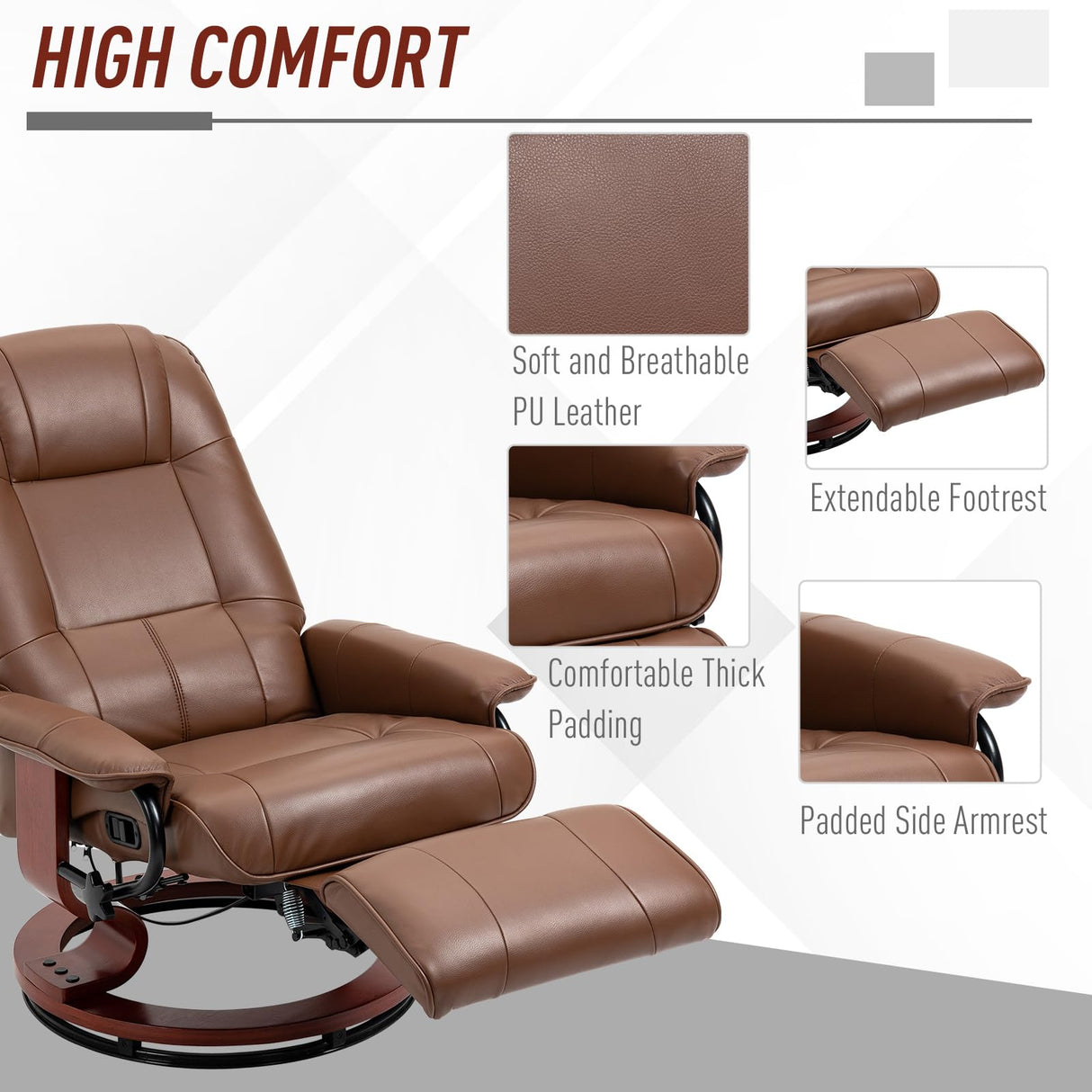HOMCOM Faux Leather Manual Recliner, Adjustable Swivel Lounge Chair with Footrest, Armrest and Wrapped Wood Base for Living Room, Brown HOMCOM