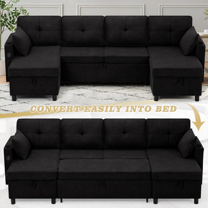 ACMEASE 108" U-Shaped Pull Out Sofa Bed w/Two Storage Chaises, Tufted Sectional Sofa w/USB Port, Fabric Sleeper Couch w/Cup Holders for Living Room, Black