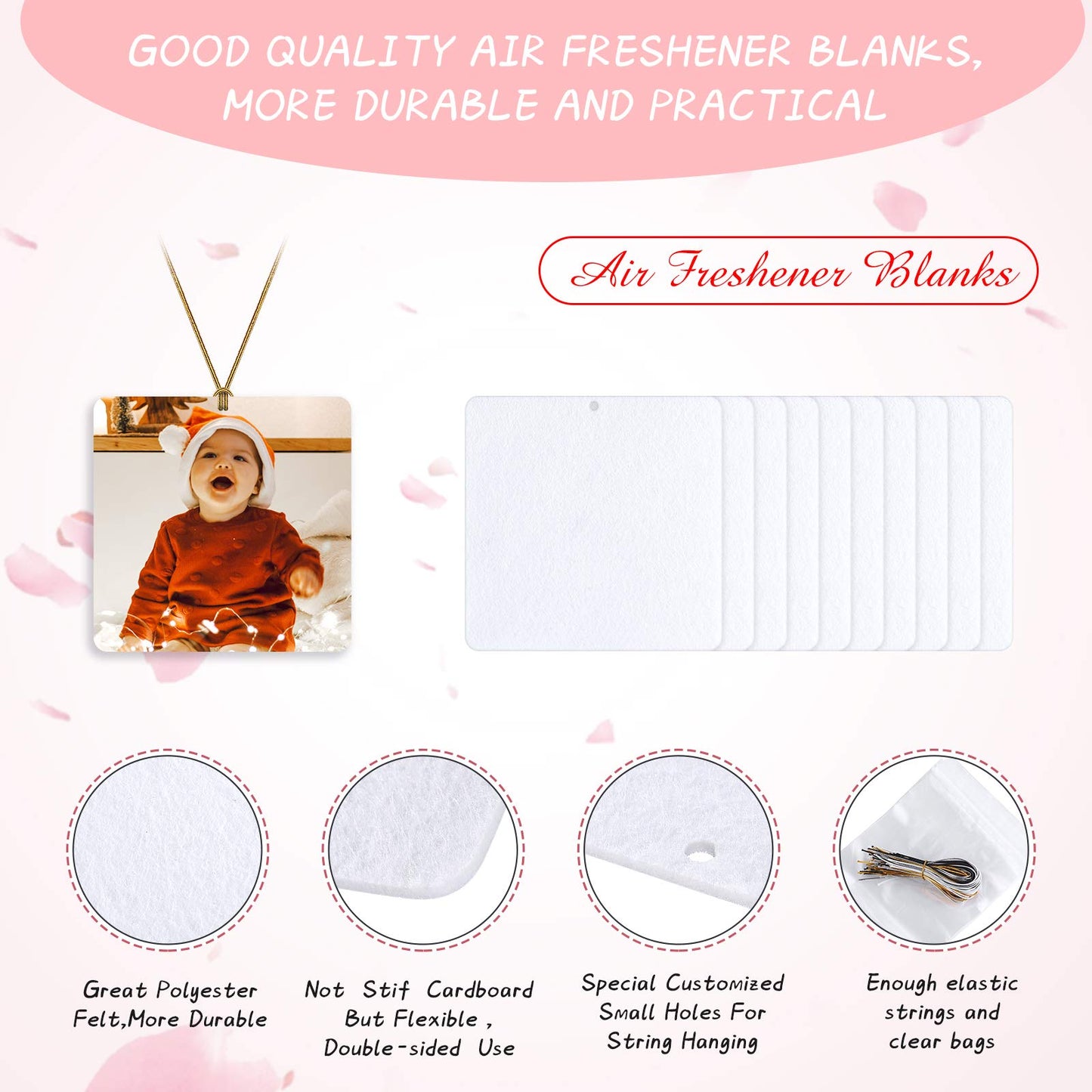 100 Pieces Sublimation Air Freshener Blank Square DIY Air Freshener Sheets Polyester Felt Freshener Blank for Car and Home Decor with 100 Elastic Ropes and 100 Bags for DIY HTV Inks Heat Press