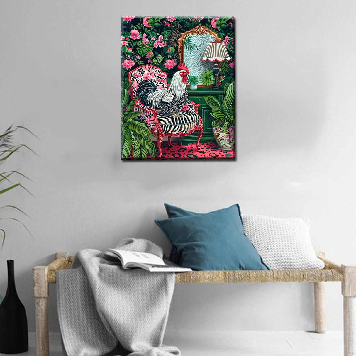 Rooster Animal Paint by Number Chicken Sitting on Sofa Paint by Number Kit Beginner Botanical Room Painting on Canvas Funny Pink Set for Home Decor and Gift for Festival 16''W x 20''H (No Framed) Tucocoo