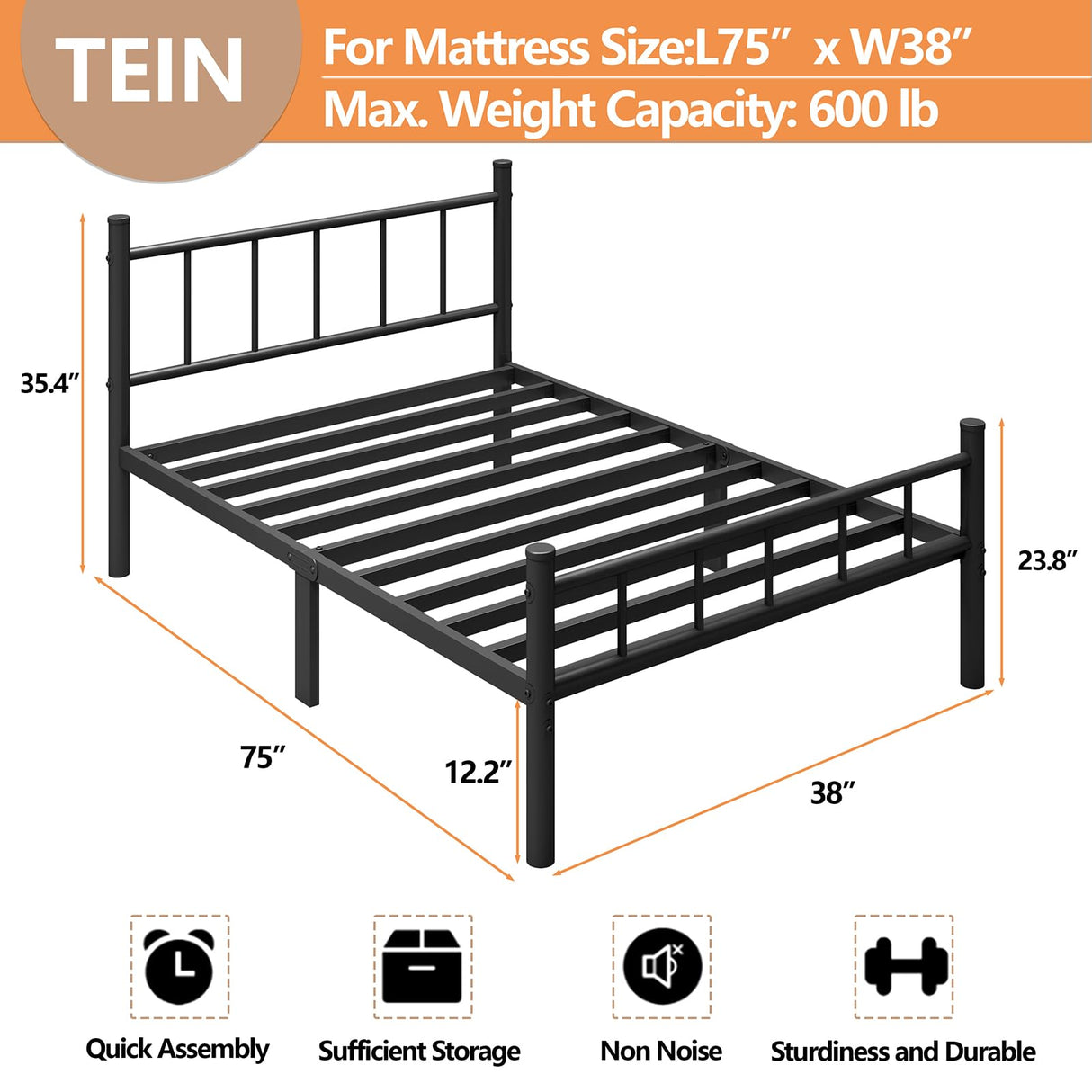 zizin Twin Size Metal Bed Frame with Headboard & Footboard 14 Inch Metal Platform Mattress Foundation Support with Steel Slat, Under Bed Storage, No Box Spring Needed zizin