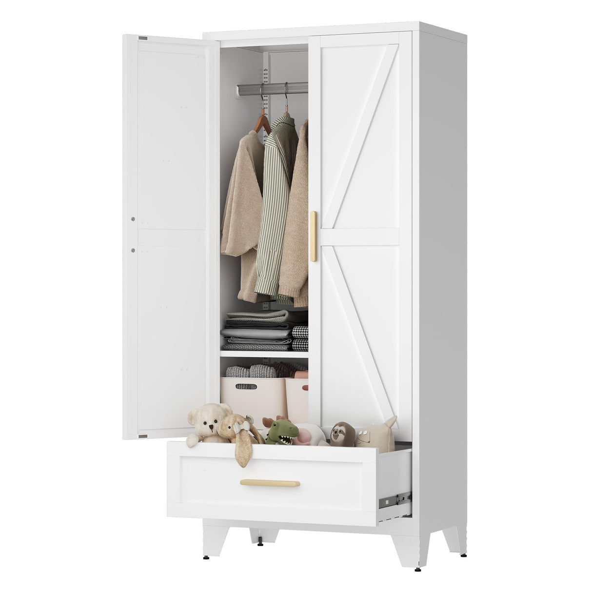 LCAOPC 71" Tall Metal Wardrobe Cabinet with Drawer and Hanging Rod, 2 Doors Armoire Wardrobe Closet with Shelf for Bedroom, Office, Laundry Room, White LCAOPC
