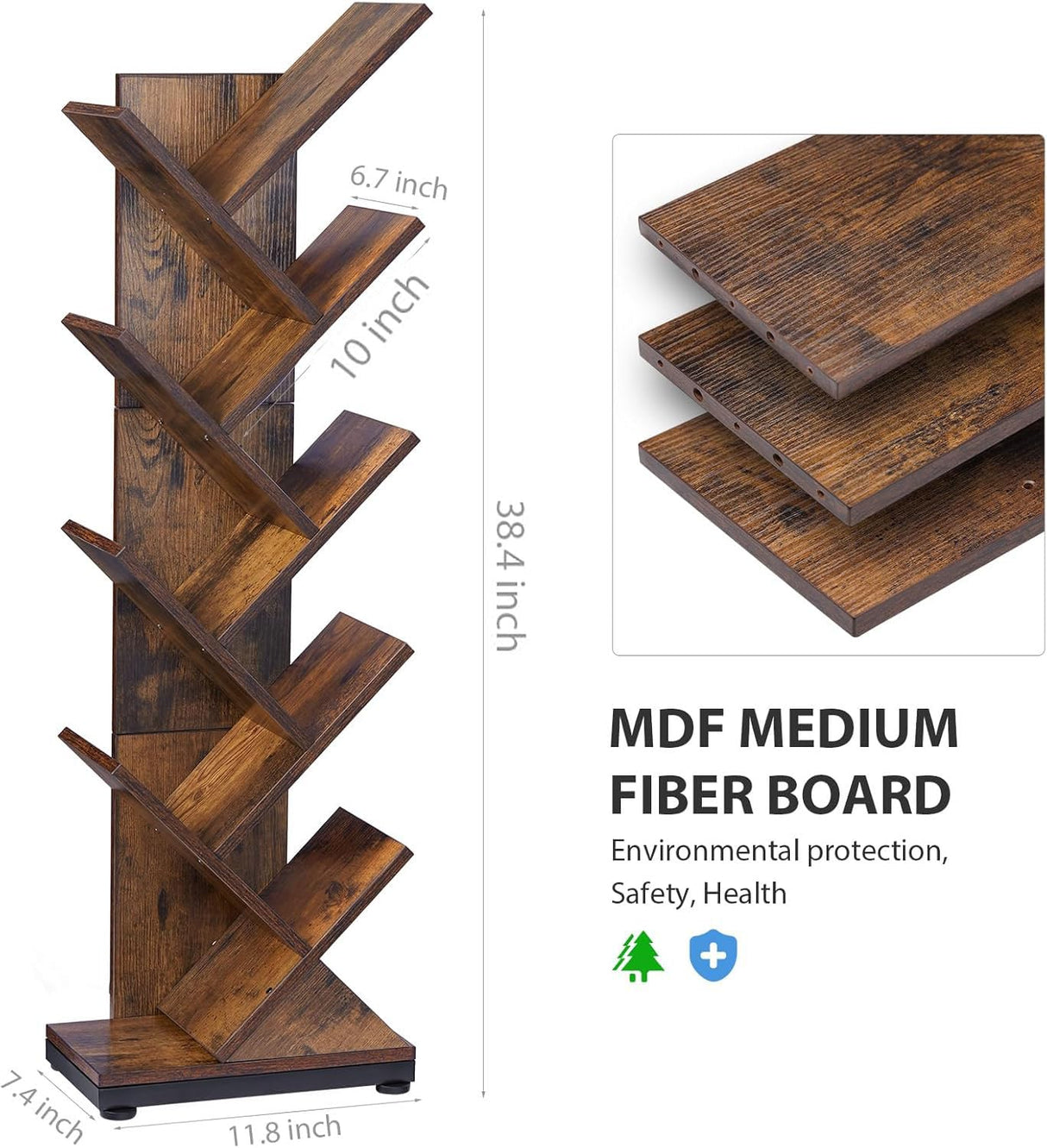 ruboka 8 Tier Tree Bookshelf,8 Shelf Floor Standing Bookcase Display for CDs/Magazine/Books, Retro Bookshelf for Bedroom, Living Room, Office,Balcony,Book Organizer Storage Shelves ruboka