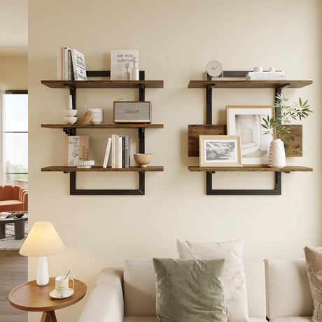 Bestier Floating Shelves for Wall, 24 inch Kitchen Shelves Wall Mounted, 3 Tier Coffee Bar Shelf with Foldable Brackets, Industrial Display Shelf for Bathroom, Living Room, Rustic Brown Bestier