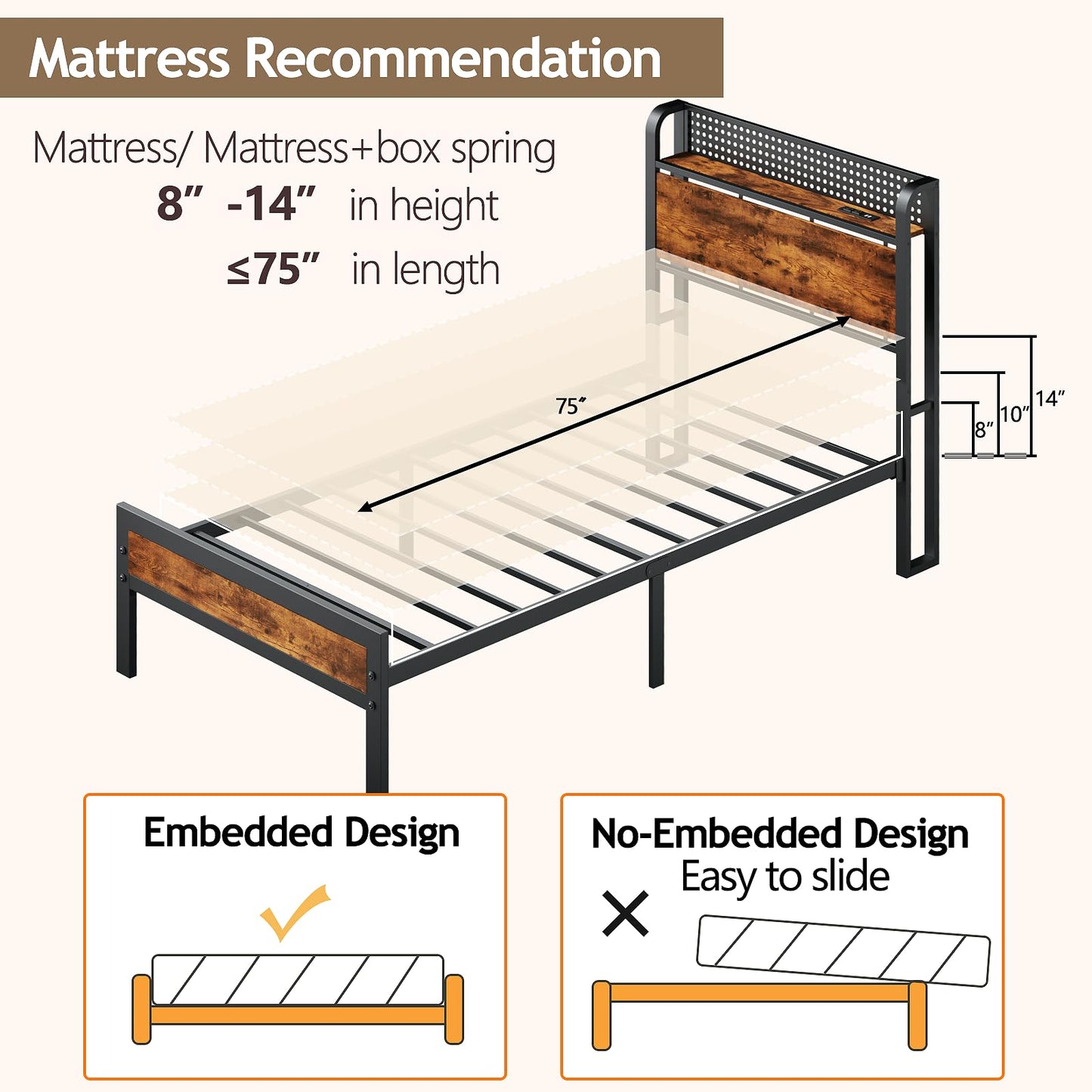 Furnulem Twin Bed Frame with LED Lights, Charging Station, and Under-Bed Storage in Rustic Brown - WoodArtSupply