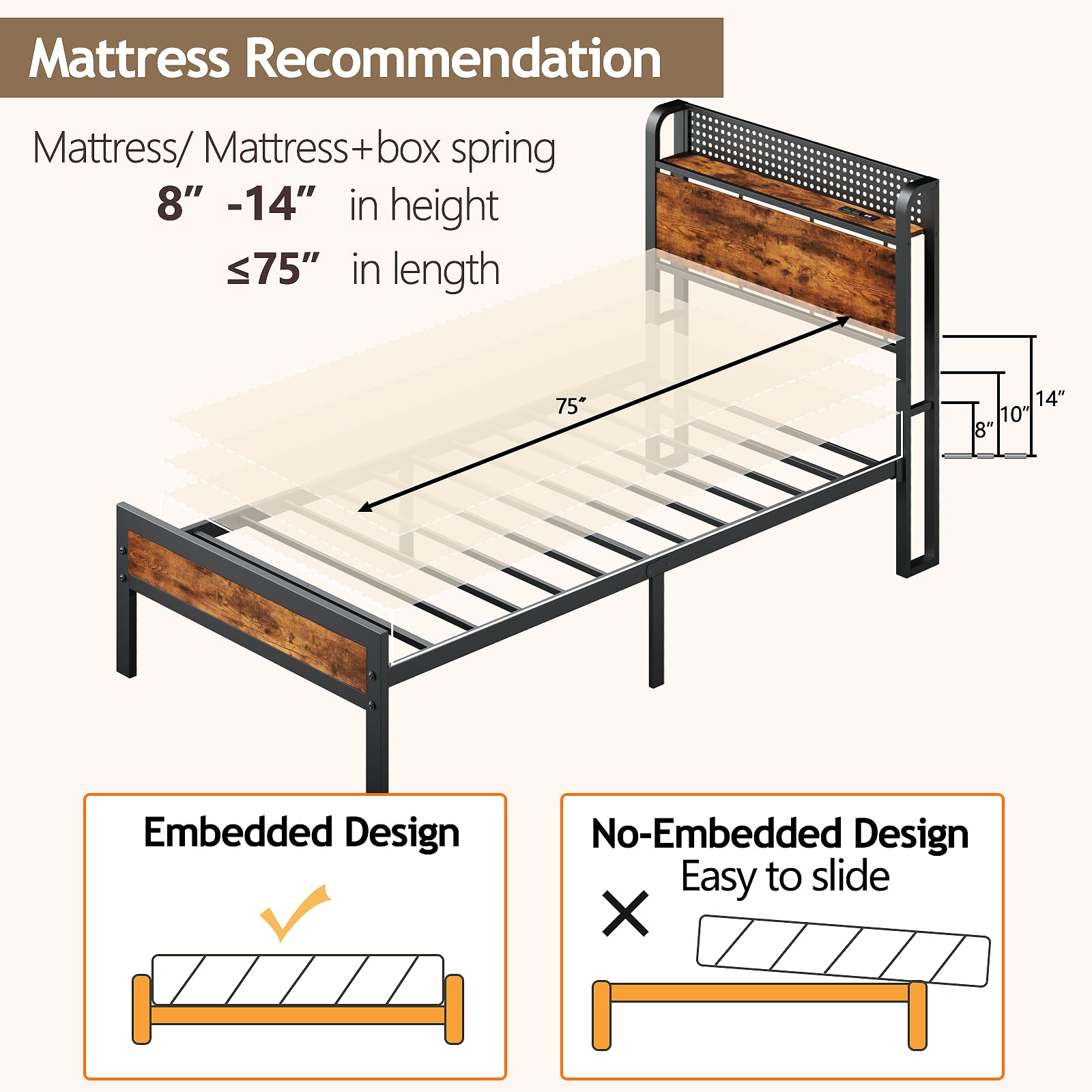 Furnulem Twin Bed Frame with LED Lights, Charging Station, and Under-Bed Storage in Rustic Brown - WoodArtSupply