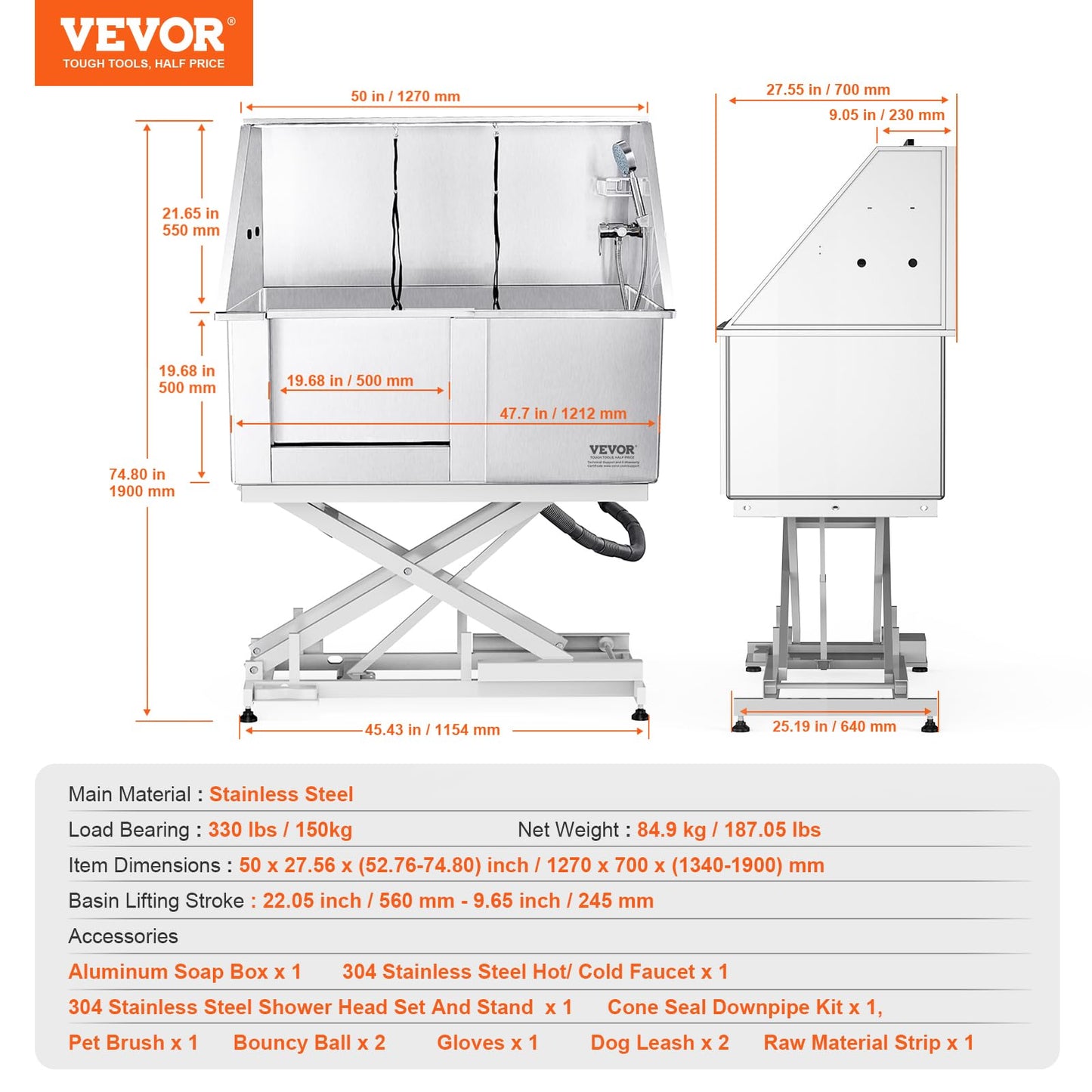 VEVOR 50" Pet Dog Bathing Station Electric Height Adjustment, Professional Stainless Steel Dog Grooming Tub w/Soap Box, Faucet,Rich Accessory,Bathtub for Multiple Pets, Washing Sink for Home( - WoodArtSupply