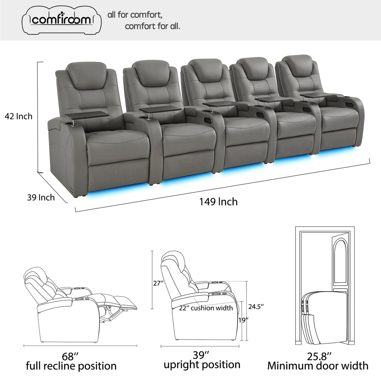 comfiroom Home Theater Seating Seats Simple Style Top Grain Nappa Leather Recliner Chair Dual Power Movie Theater Chairs Gaming Sofa Electric Headrest with Tray Table comfiroom