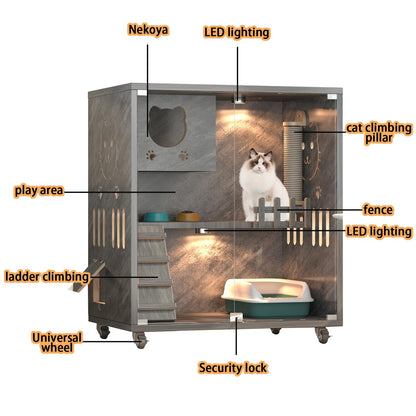 Large Indoor Cat Enclosure, Wooden Large Cat Villa, Indoor/Outdoor Cat Enclosure with Wheels, Multi-Feature Enclosed Cat Houses for Indoor Cats Ventilation Glass Doors, 38" X 32" X 24"