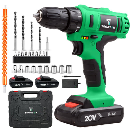 Tegatok 20V Cordless Drill Set, 3/8 Drills Handheld Drill Kit with 18+1 Torque Setting, LED Electric Power Drills Set with Battery and Charger, Electric Screwdriver Tools Kit, 2 Batteries Tegatok
