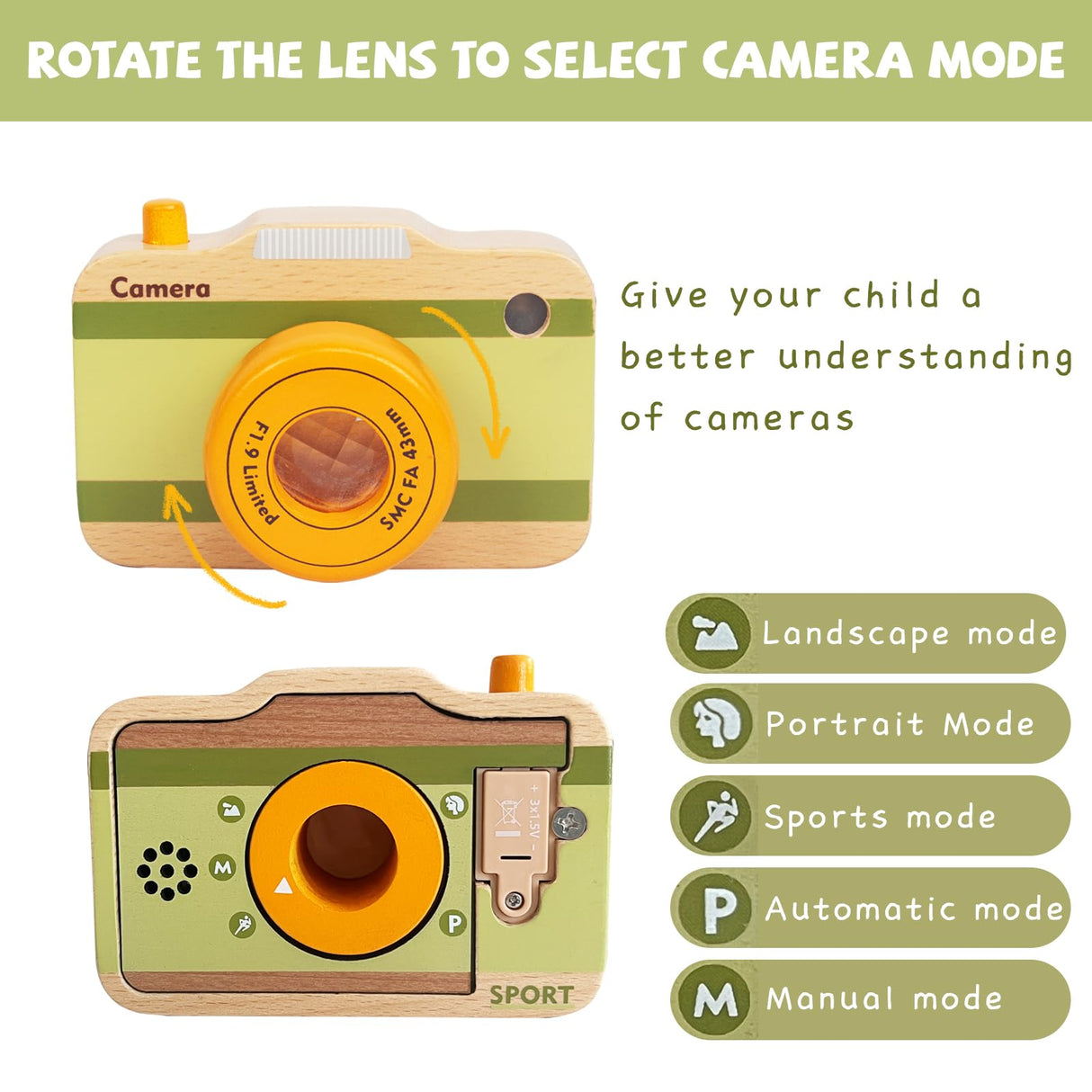 Wooden Mini Pretend Camera Toy with Real Sounds and Light for Toddlers 1 2 3 Years Old, Neck Hanging Photographed Props for Boys Girls Children Kids WoodenEdu