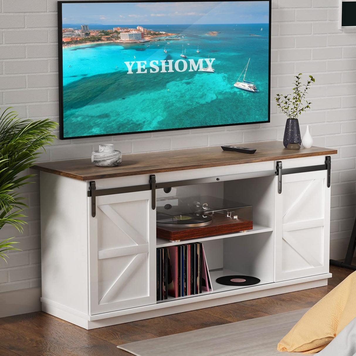 YESHOMY Farmhouse TV Stand for Televisions up to 65 Inches, Sliding Barn Doors and Storage Cabinets, Console Table and Media Furniture for Living Room, 58 Inch, White YESHOMY