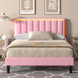 IMMERSTABLE Queen Bed Frame Pink with LED Lights, Upholstered Bed Frame Queen with Headboard, Heavy Duty Wood Slats Support, Noise-Free, No Box Spring Needed, Easy Assembly IMMERSTABLE
