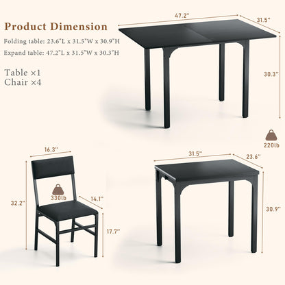 HUAHUU Dining Table Set for 4, Extendable Kitchen Table Cushion Chairs Set of 4, Rectangle Dining Table with Metal Frame & MDF Board, Folding for Small Apartment Saving Space, Black - WoodArtSupply