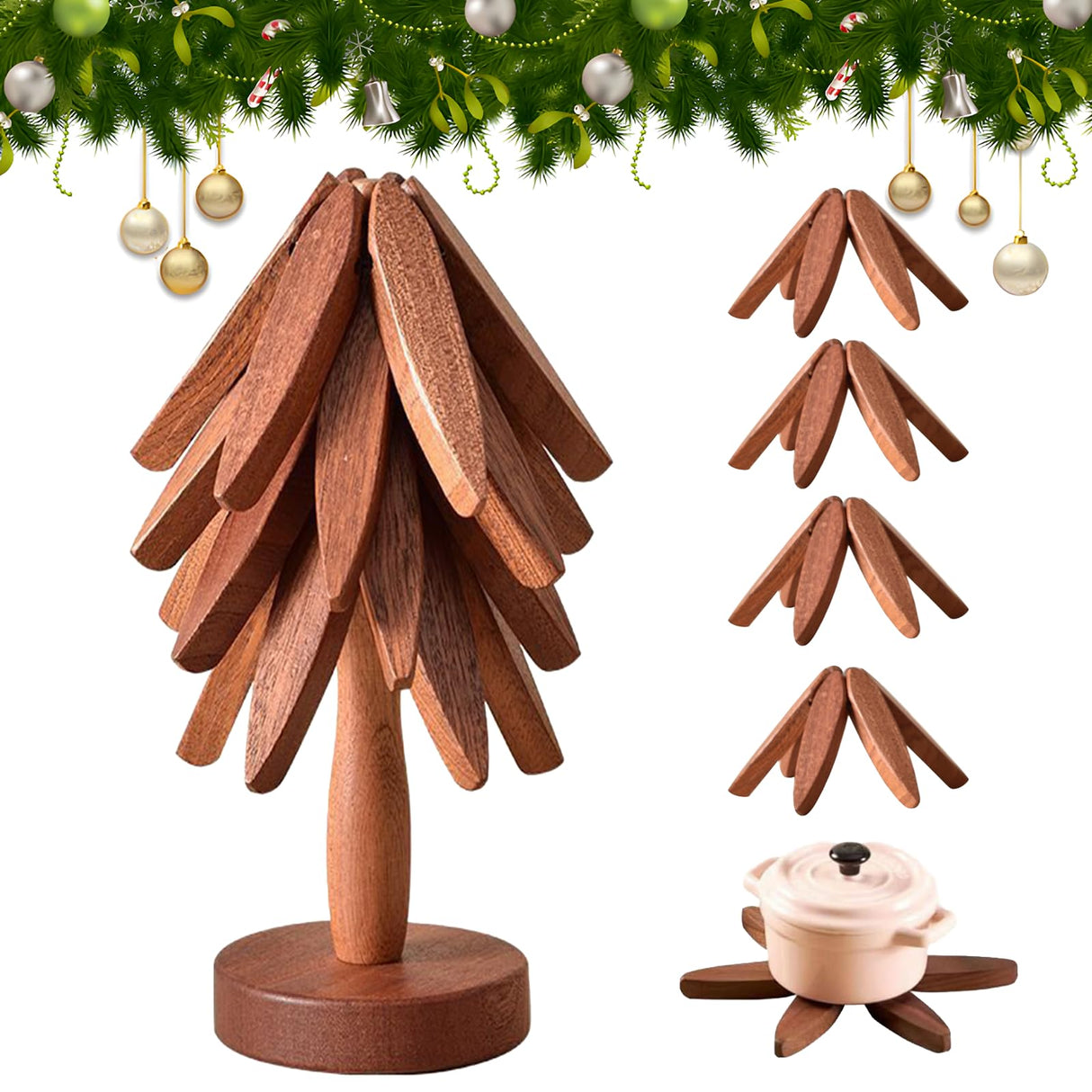 Wooden Trivets for Hot Dishes, Tree Shape Trivet Set, Foldable Kitchen Wooden Trivets, Tree Coaster for Hot Dishes、Pot、Bowl、teapot、hot Pot Holders (4 Piece-Walnut) SSFUN