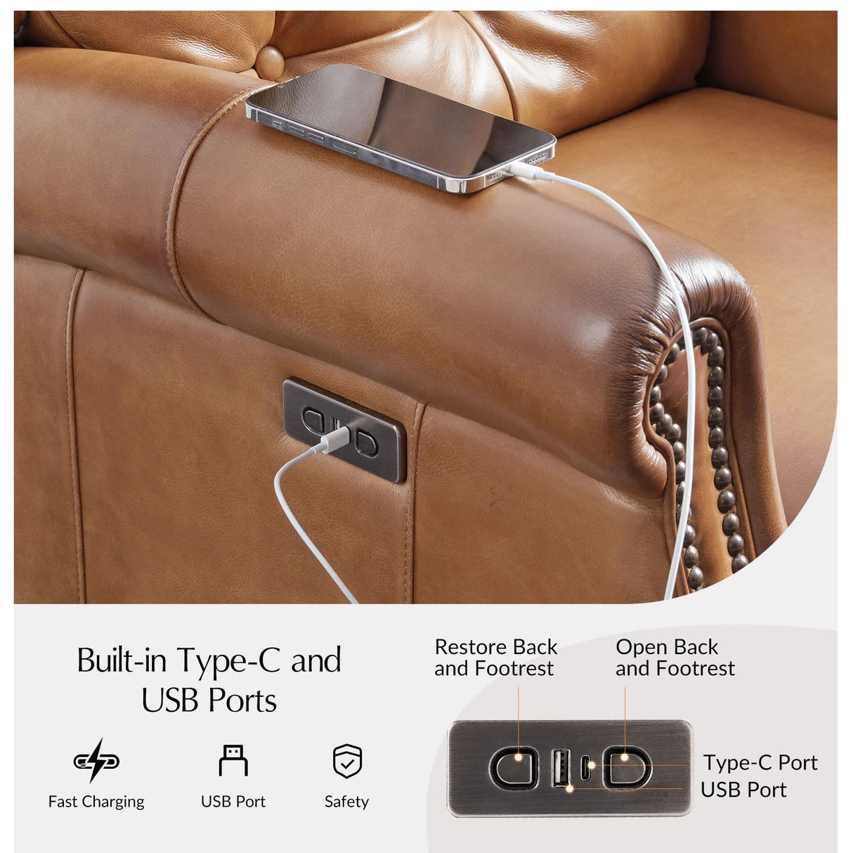 HULALA HOME Power Genuine Leather Recliner Chair with Charging, Rivet Decor Comfy Single Sofa, Solid Wood Legs, Tufted Home Theater Seating for Living Room, Camel HULALA HOME