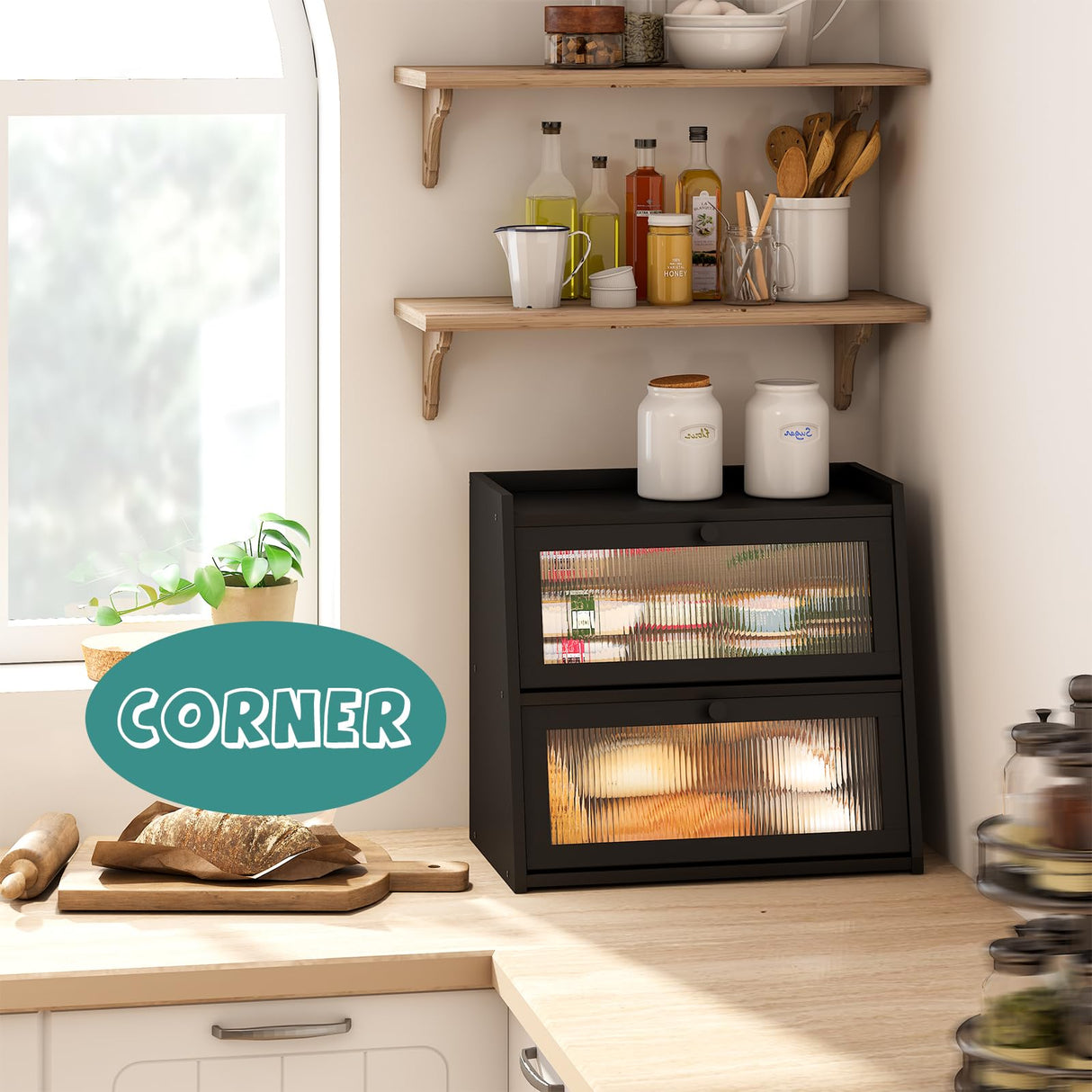 viewcare Black Bread Box, Double Layer Large Bread Box for Kitchen Counter, Bamboo Bread Storage Container with Wavy Acrylic Transparent Door viewcare