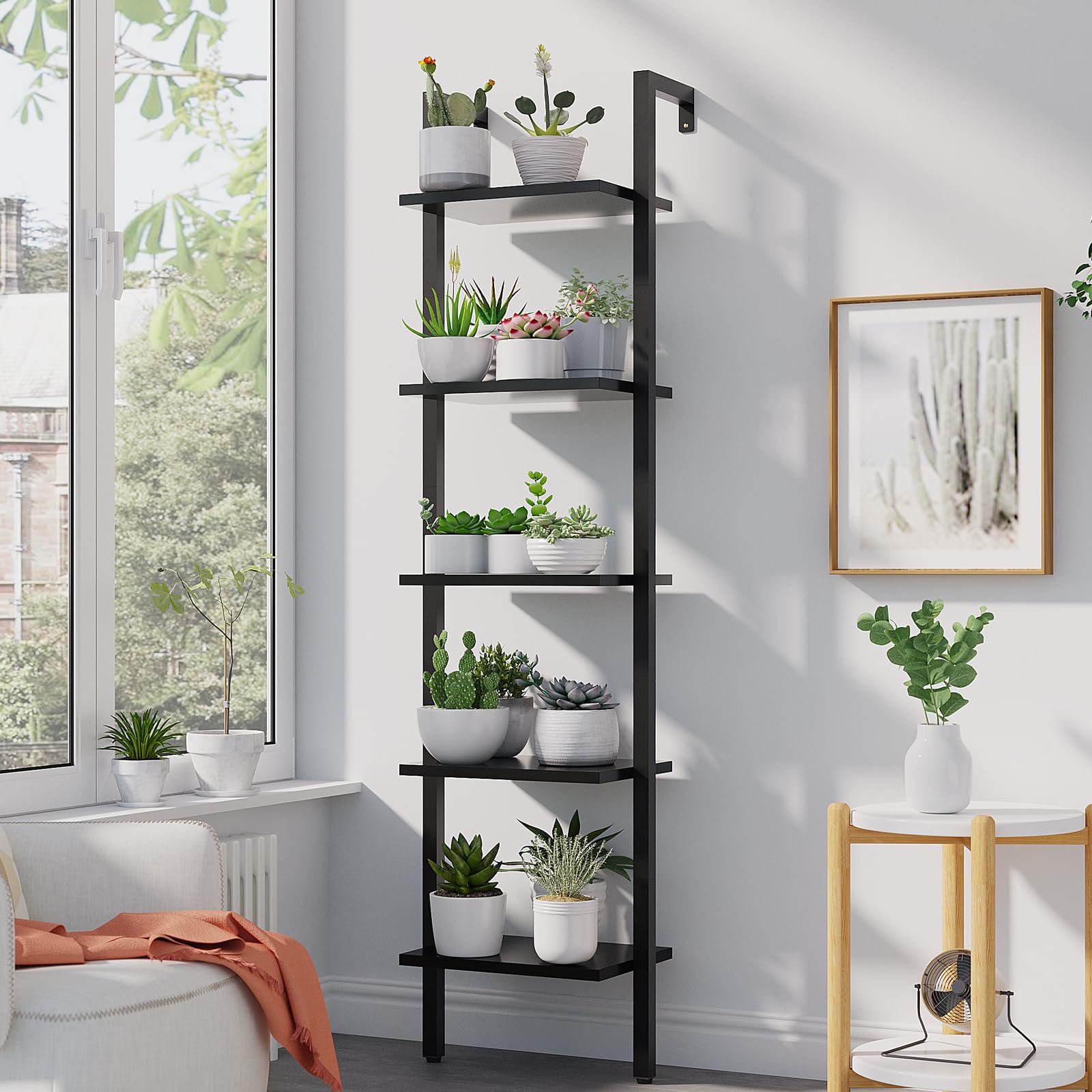 YMYNY Industrial 5-Tier Wall-Mounted Ladder Bookcase - Black Wooden Storage Shelves - WoodArtSupply