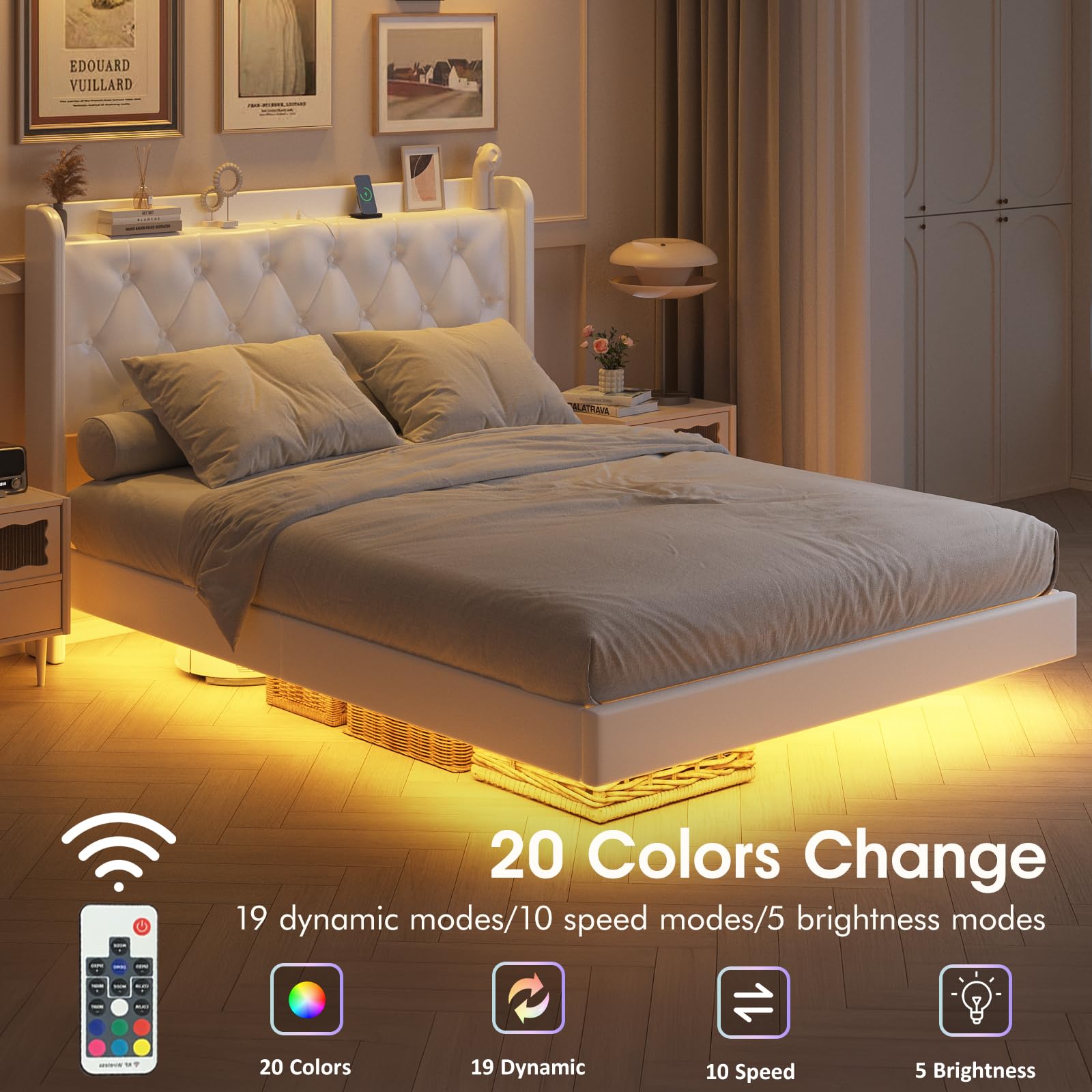 Halitaa White PU Leather Floating Bed Frame with Adjustable RGB LED Lights & Charging Station - WoodArtSupply