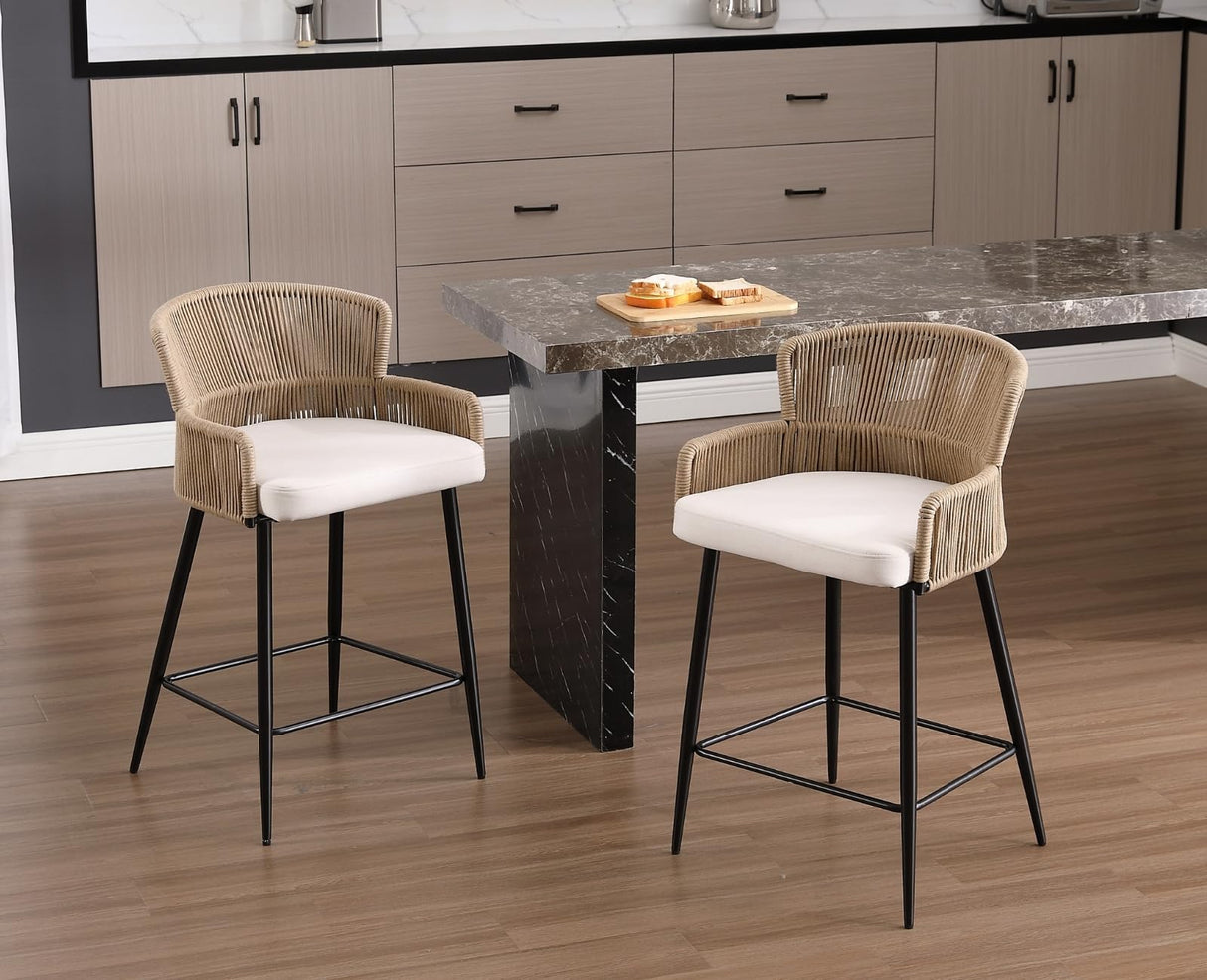ROCITY Woven Counter Height Bar Stools Set of 2 Beige Linen Counter Stools 26 Inch Farmhouse Barstools with Wicker Back Comfy Upholstered Rattan Bar Chairs for Kitchen Island/Patio Garden ROCITY