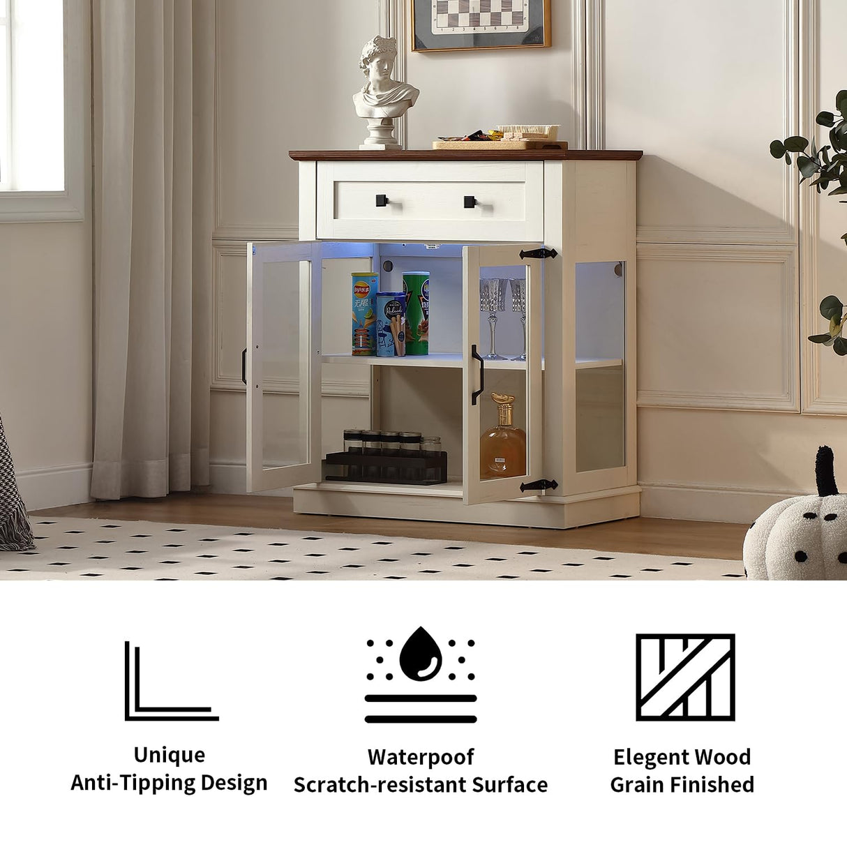 FOREST GRAVITY 31.5'' Modern Small Buffet Cabinet with Storage,Buffet Sideboard with Two Glass Doors and a Drawer,Coffee bar Cabinet with Adjustable Shelf,for Kitchen and Dining,Antique White FOREST GRAVITY